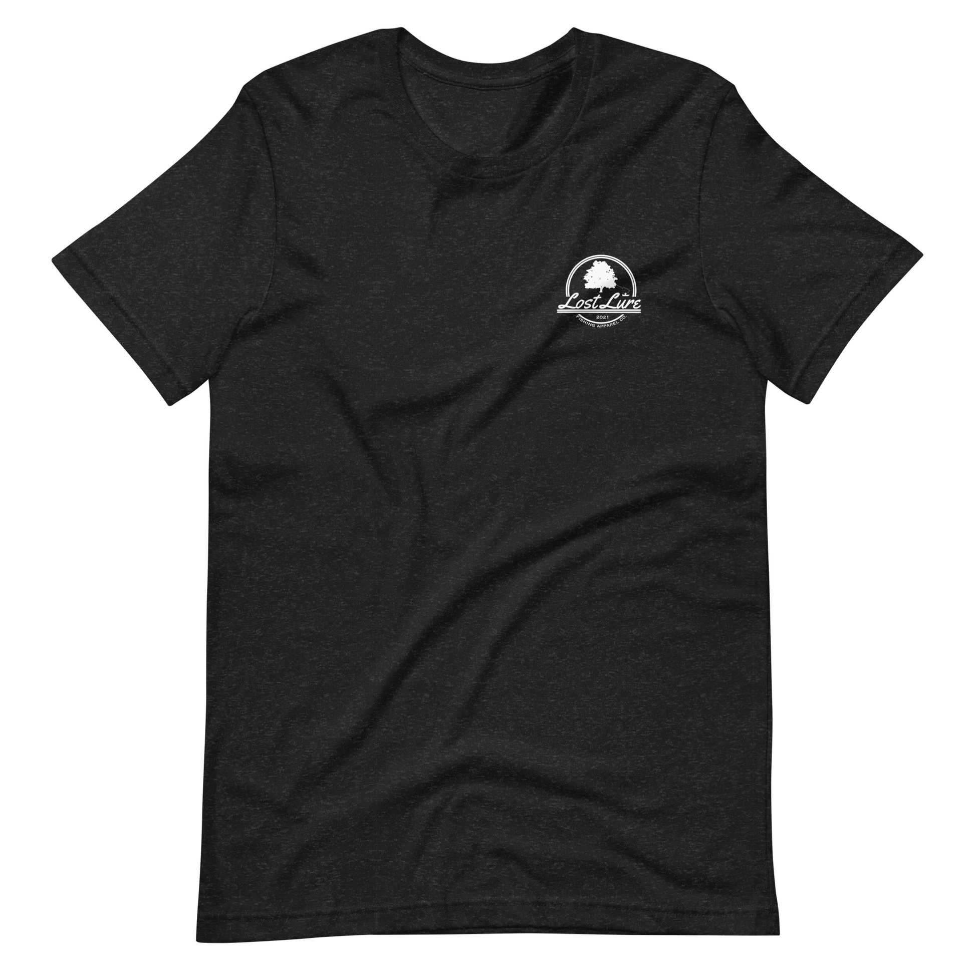 Fly fishing Lost lure shirt. It has a design on the back of the shirt black and white outline a fly fisherman and the Rocky Mountains.Dark grey fishing shirt, front side