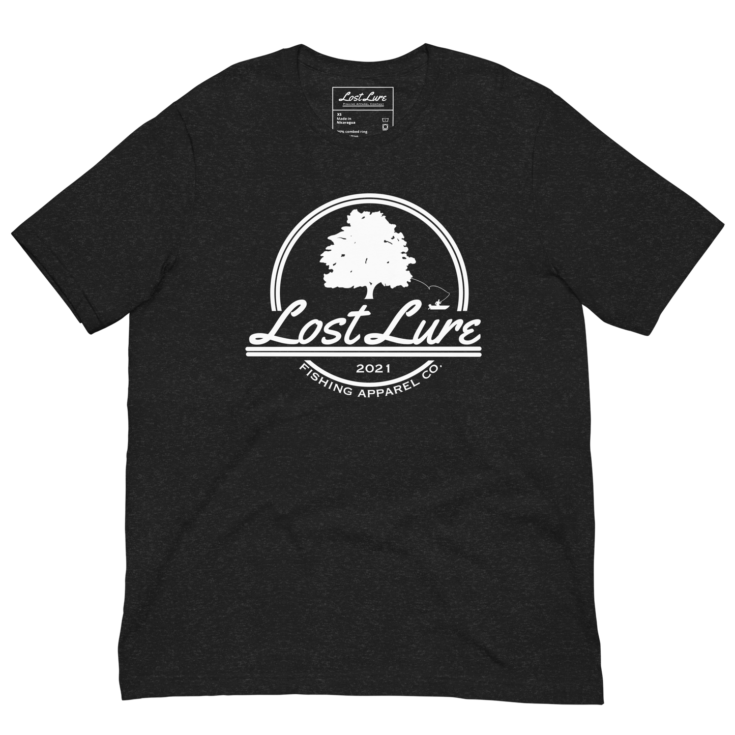 Dark grey lost lure fishing shirt. Funny lost lure logo with fisherman snagged in tree