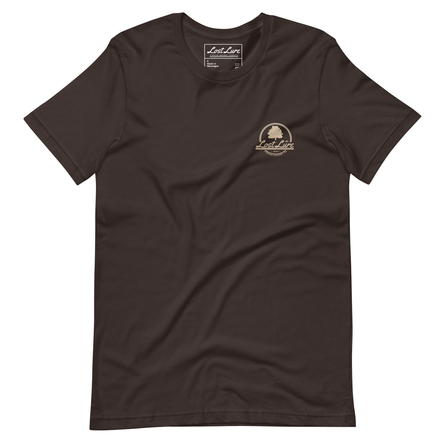 American Flag / US flag fishing shirt. It has 50 flies replacing the stars and trout as the stripes. Brown Lost Lure fishing shirt, front side