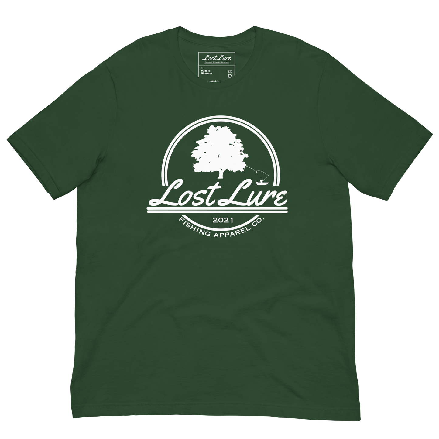 Dark green lost lure fishing shirt.