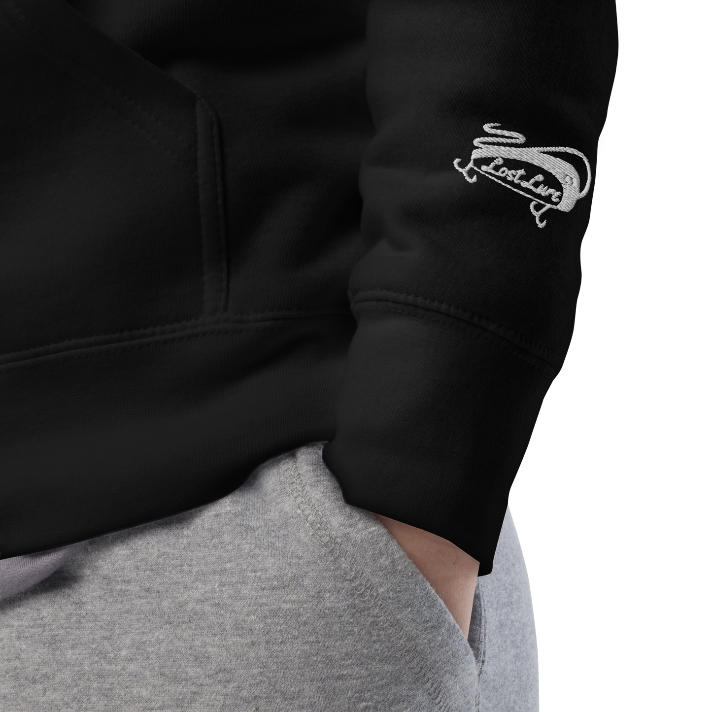 Black Lost Lure hoodie wrist with embroidered lure.