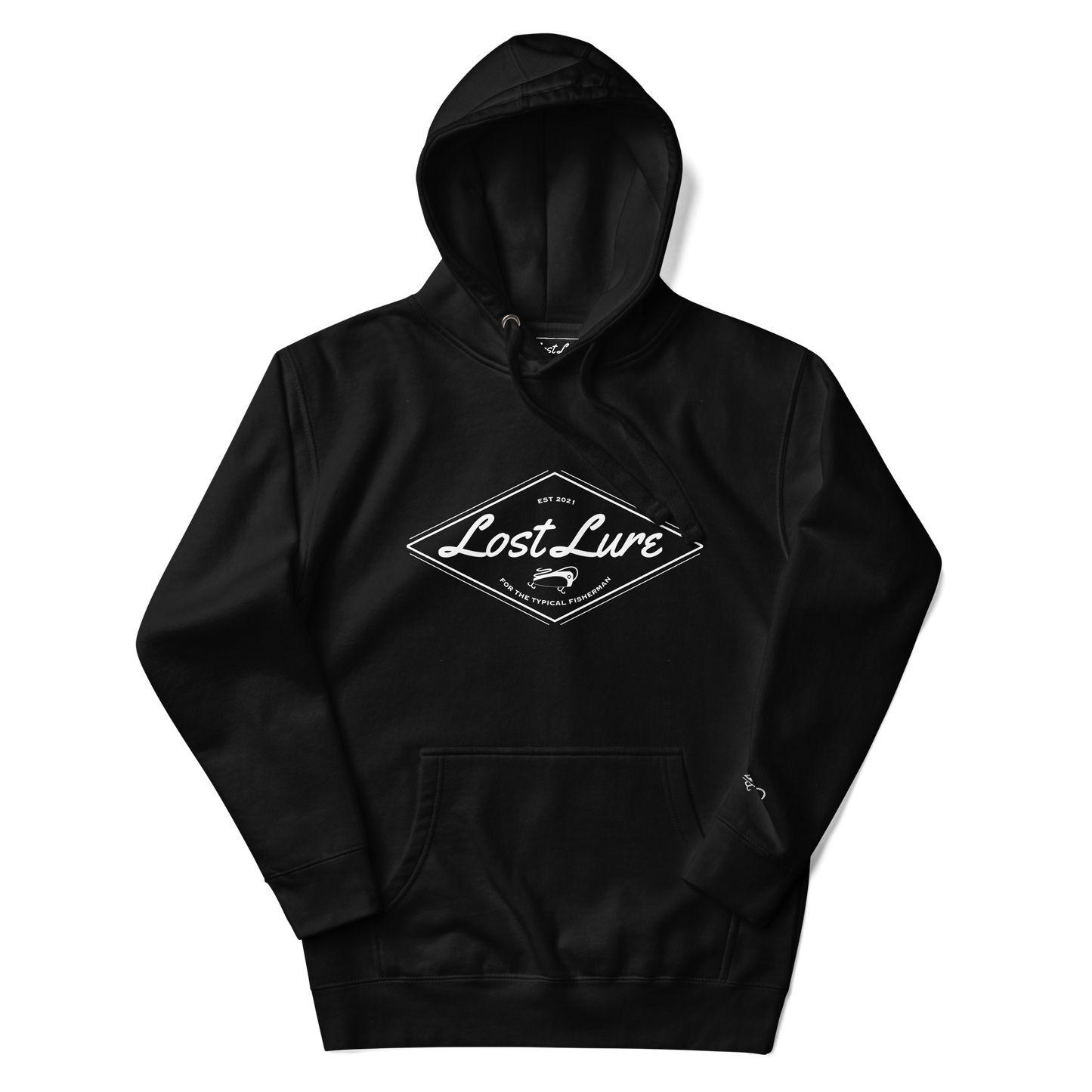 Black Lost Lure hoodie with white fishing logo in the center.