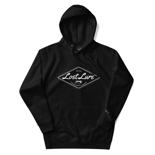 Black Lost Lure hoodie with white fishing logo in the center.