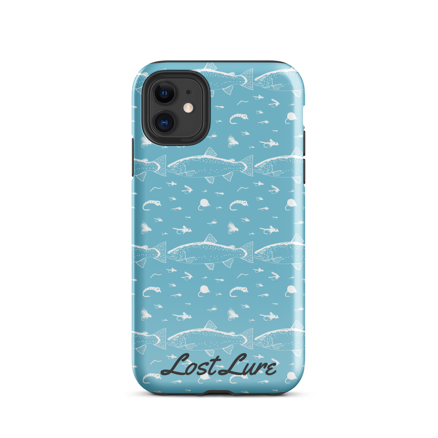 Blue iPhone 11 Fly and trout repeating pattern phone case.