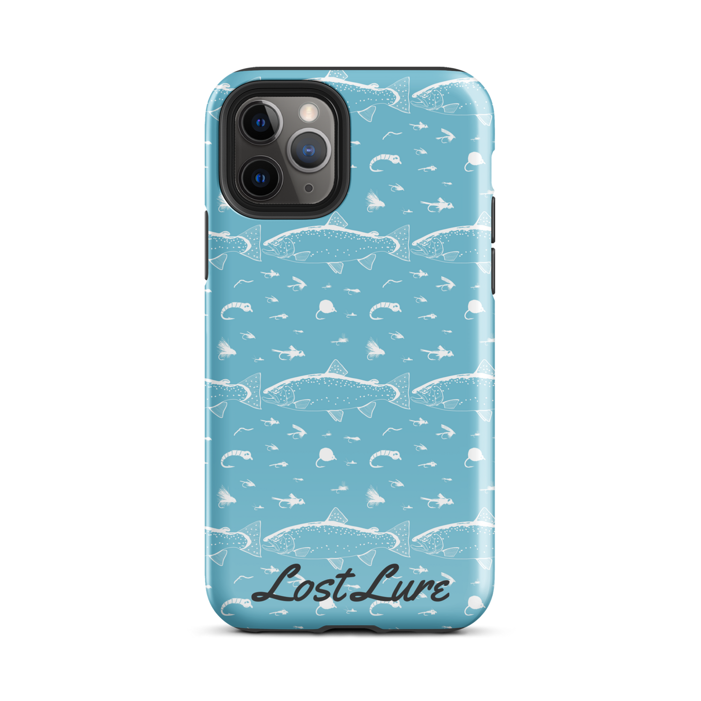 Blue iPhone 11 Pro Trout and Fly repeating pattern phone case.