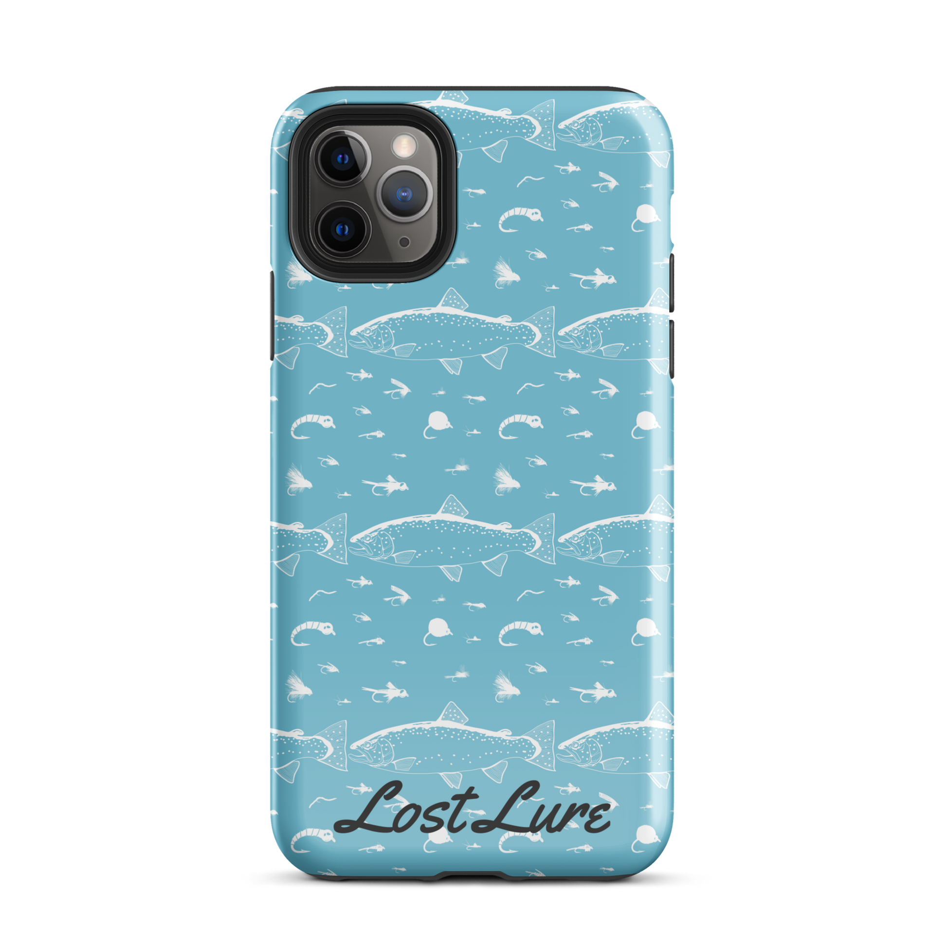 Blue iPhone 11 Pro Max Trout and Fly repeating pattern phone case.