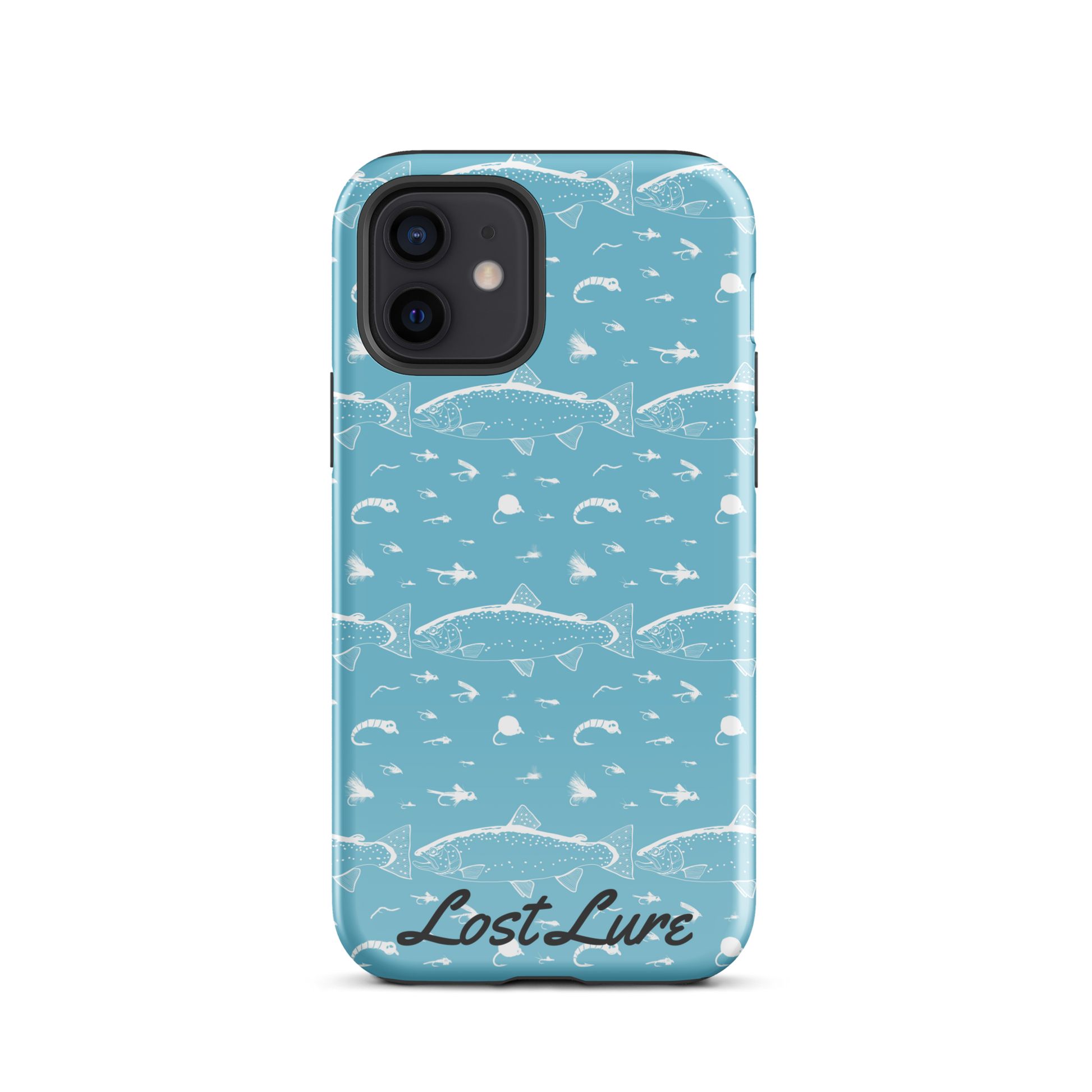 Blue iPhone 12 Trout and Fly repeating pattern phone case.