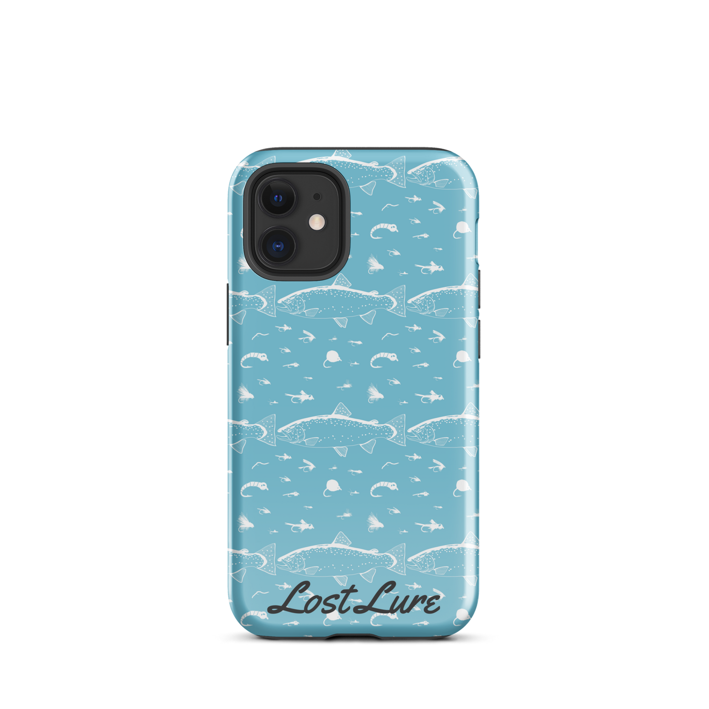 Blue iPhone 12 mini Trout and Fly repeating pattern phone case.