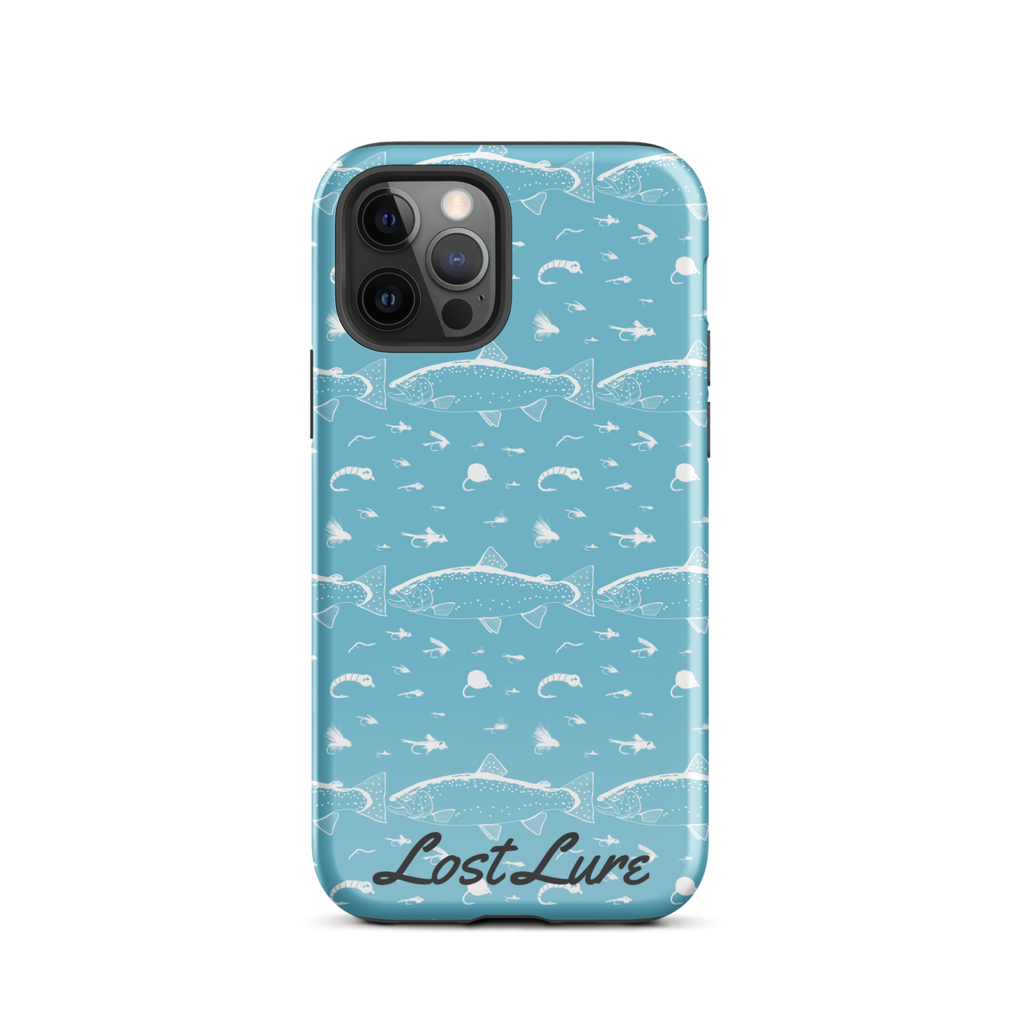 Blue iPhone 12 Pro Trout and Fly repeating pattern phone case.