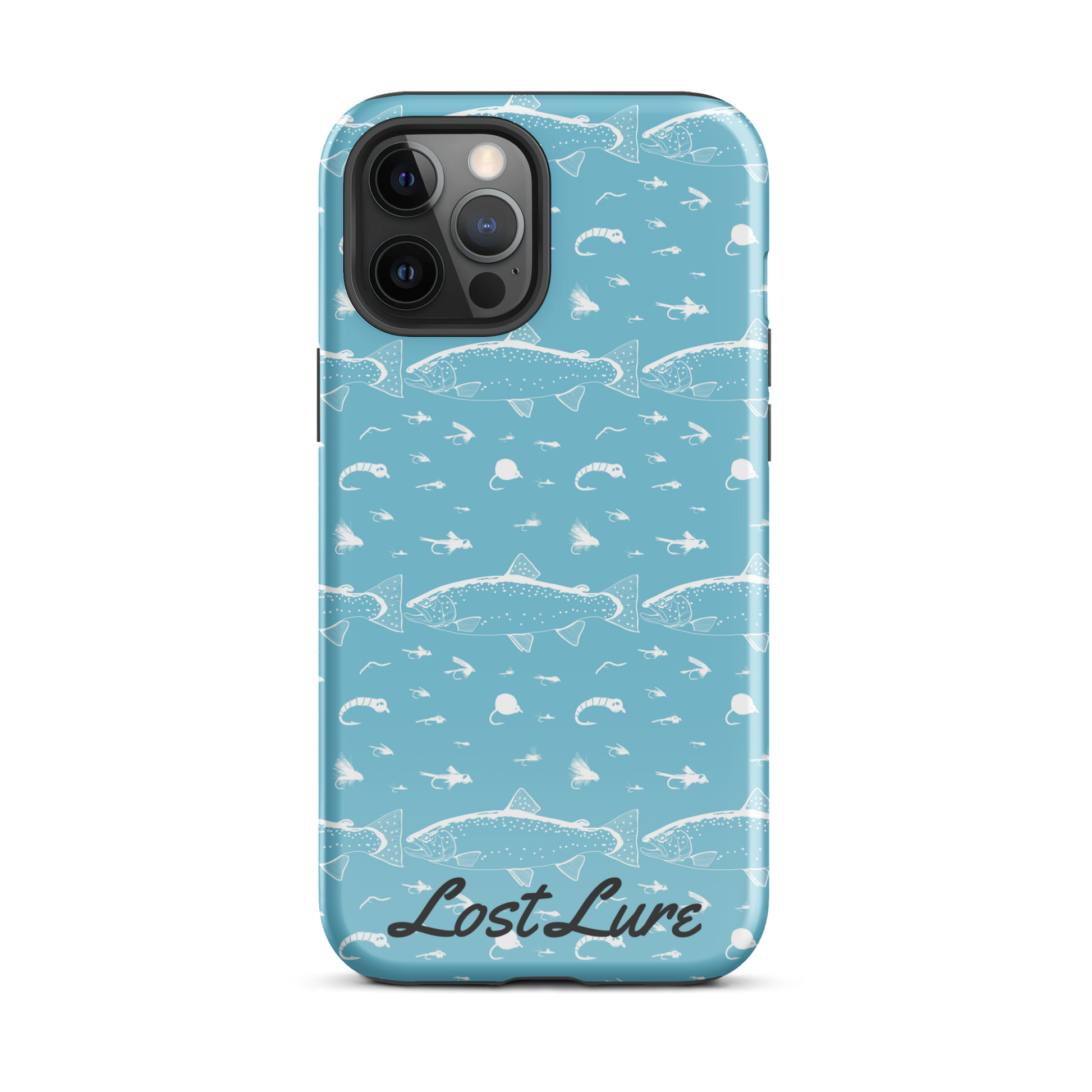 Blue iPhone 12 Pro Max Trout and Fly repeating pattern phone case.