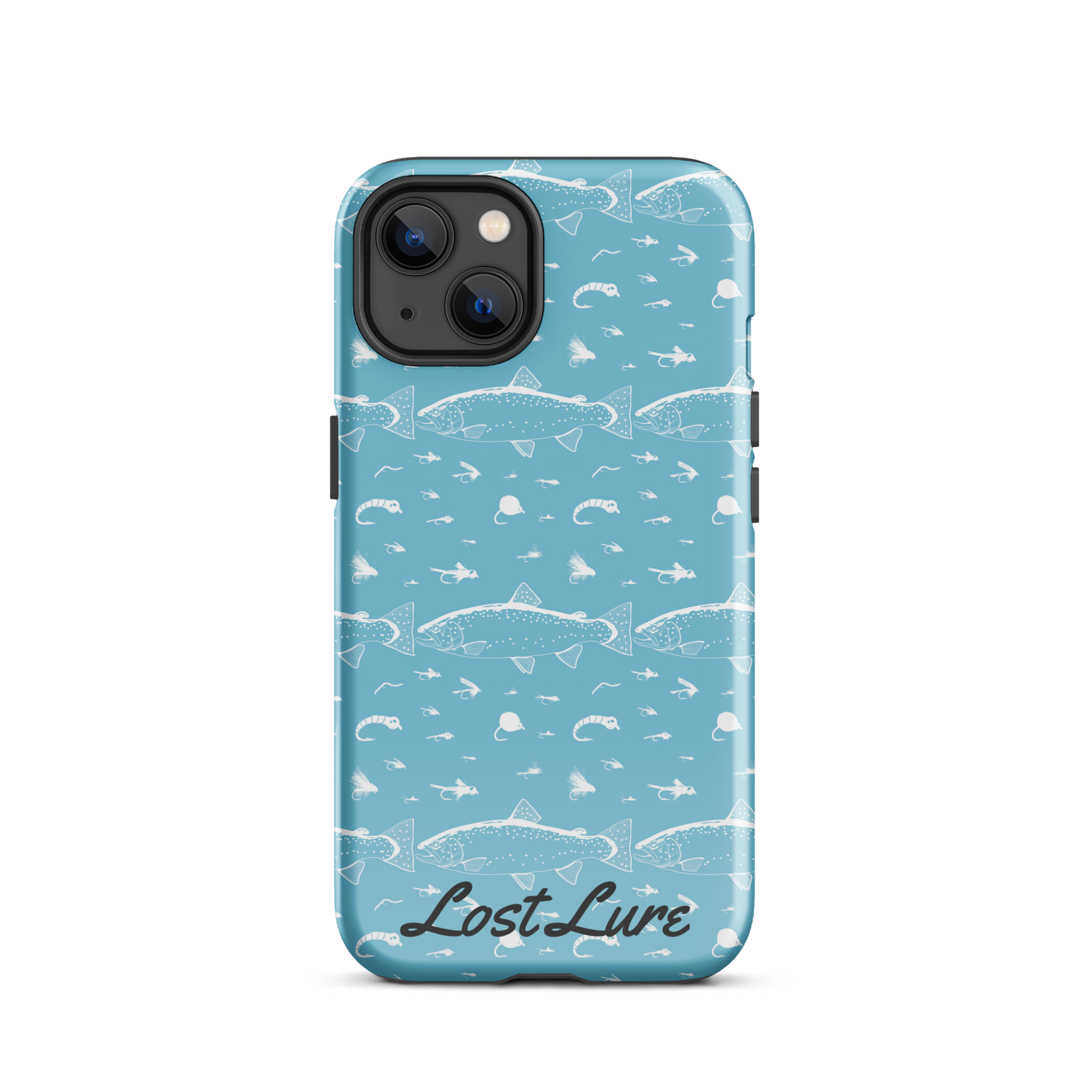 Blue iPhone 13 Trout and Fly repeating pattern phone case.