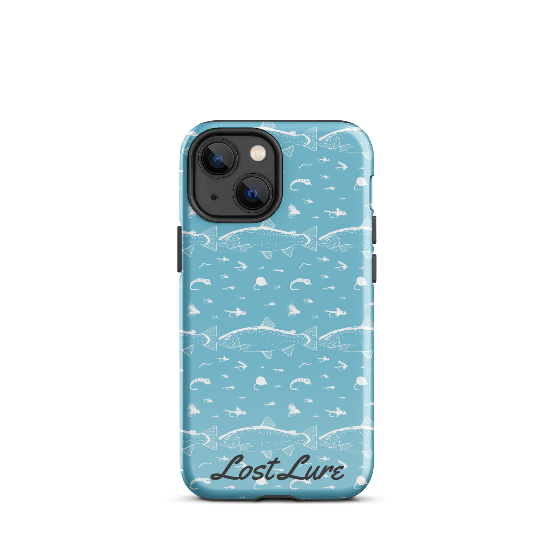 Blue iPhone 13 mini Trout and Fly repeating pattern phone case.