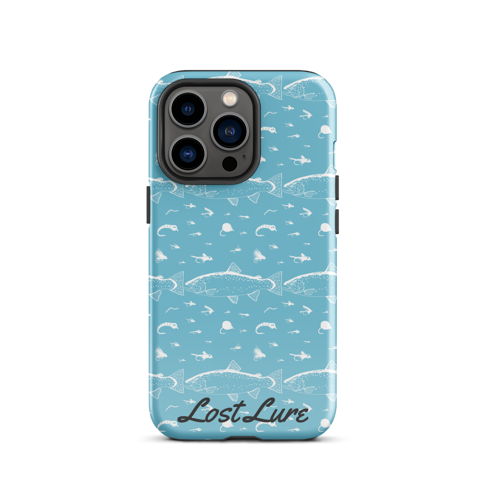 Blue iPhone 13 Pro Trout and Fly repeating pattern phone case.