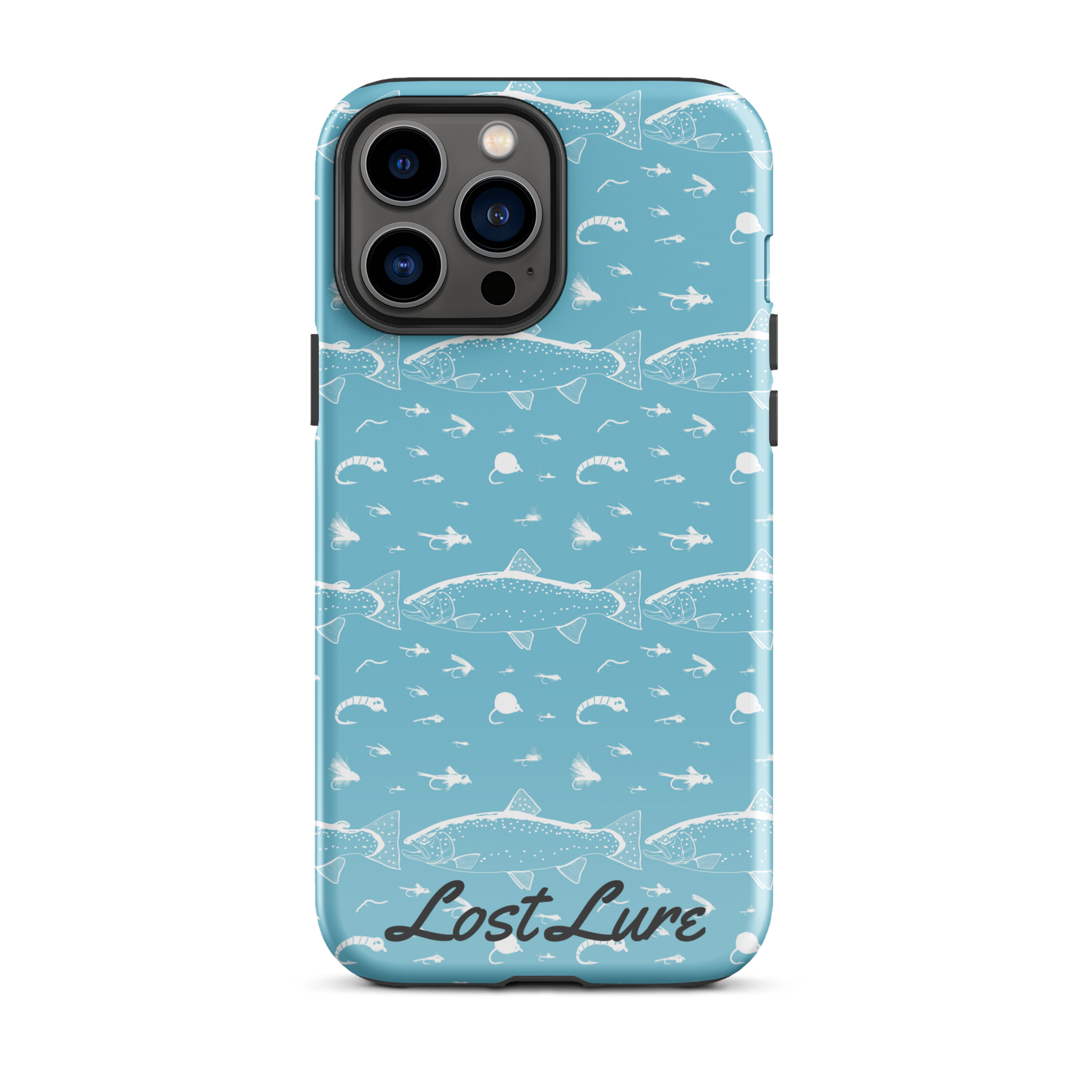 Blue iPhone 13 Pro Max Trout and Fly repeating pattern phone case.