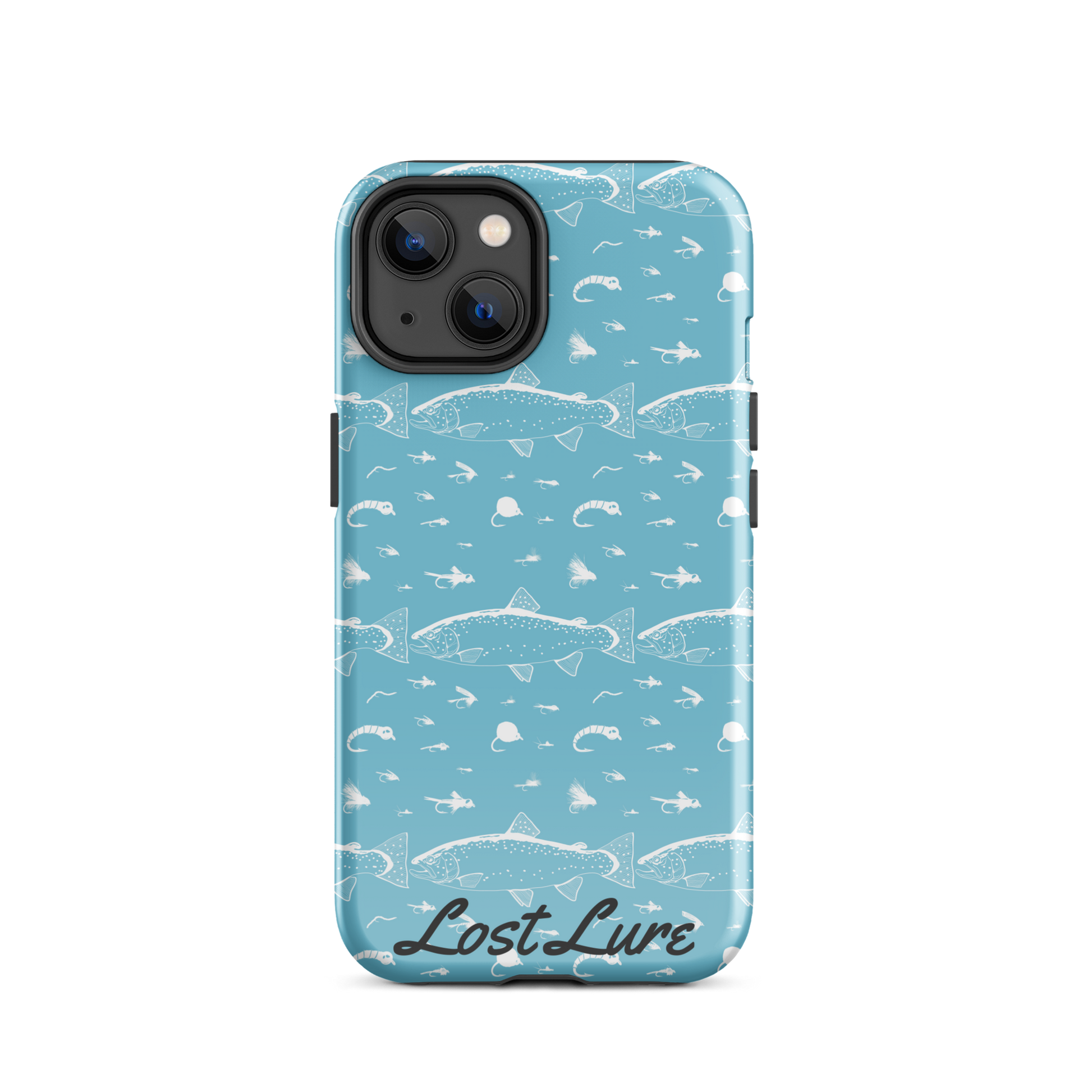 Blue iPhone 14 Trout and Fly repeating pattern phone case.