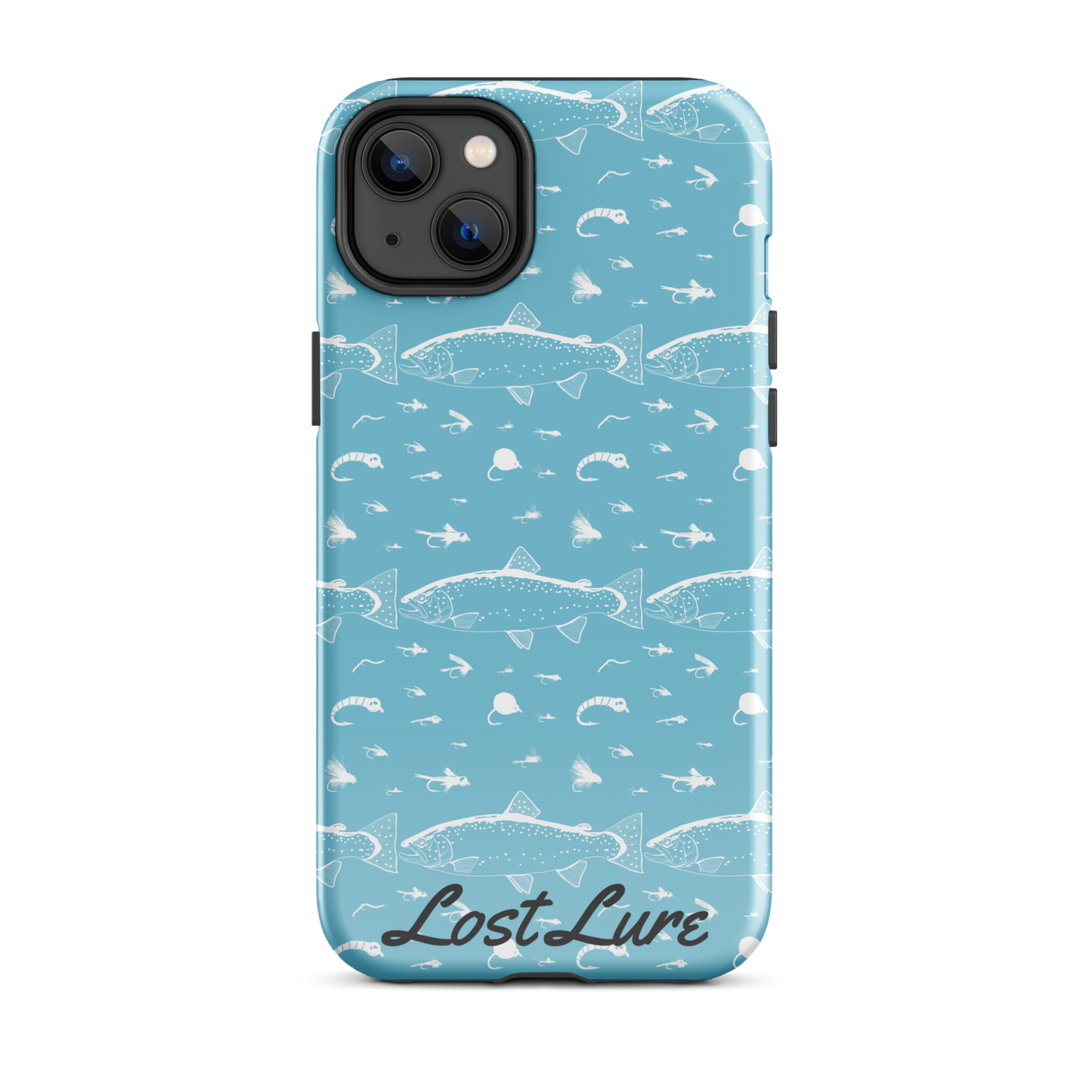 Blue iPhone 14 Plus Trout and Fly repeating pattern phone case.