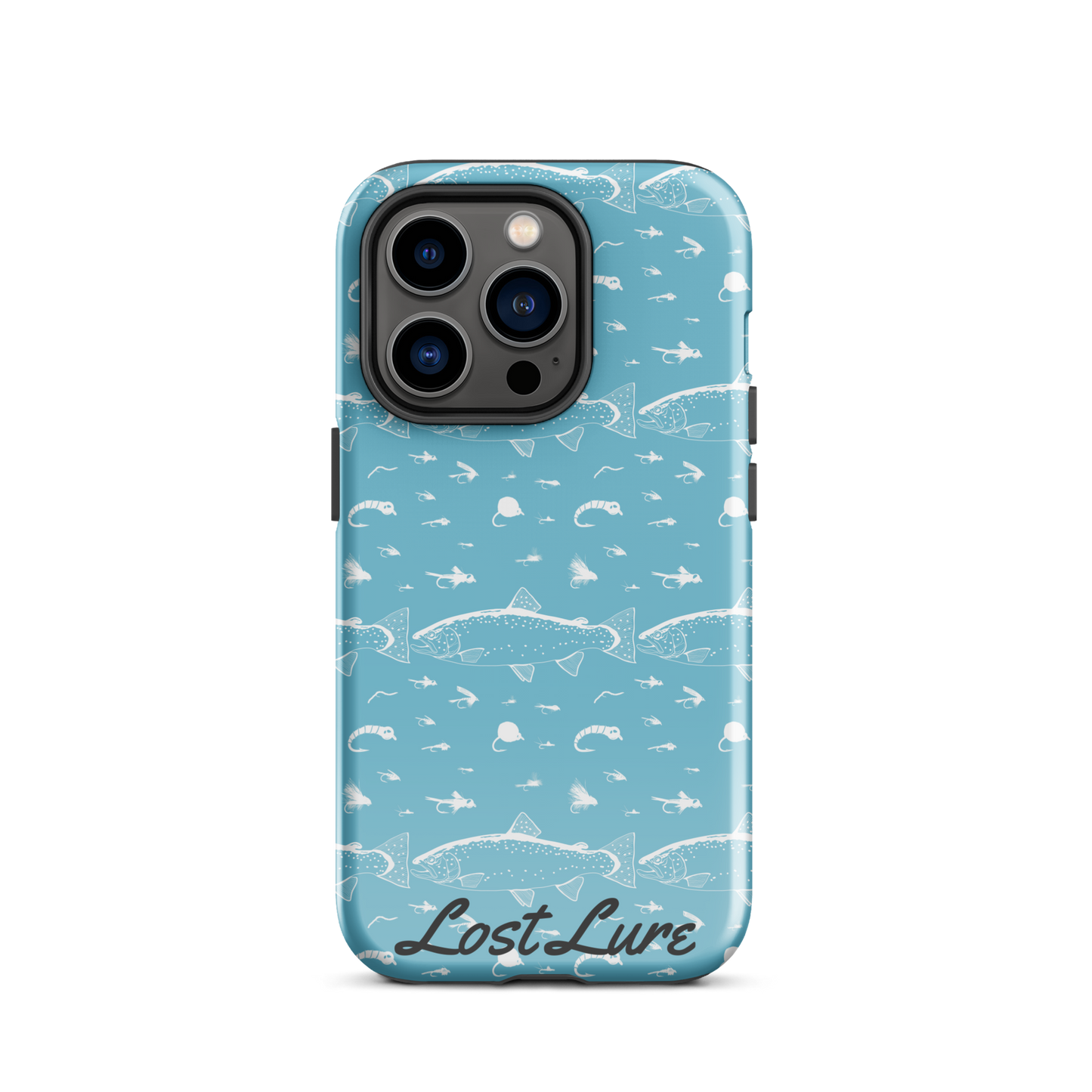 Blue iPhone 14 Pro Trout and Fly repeating pattern phone case.