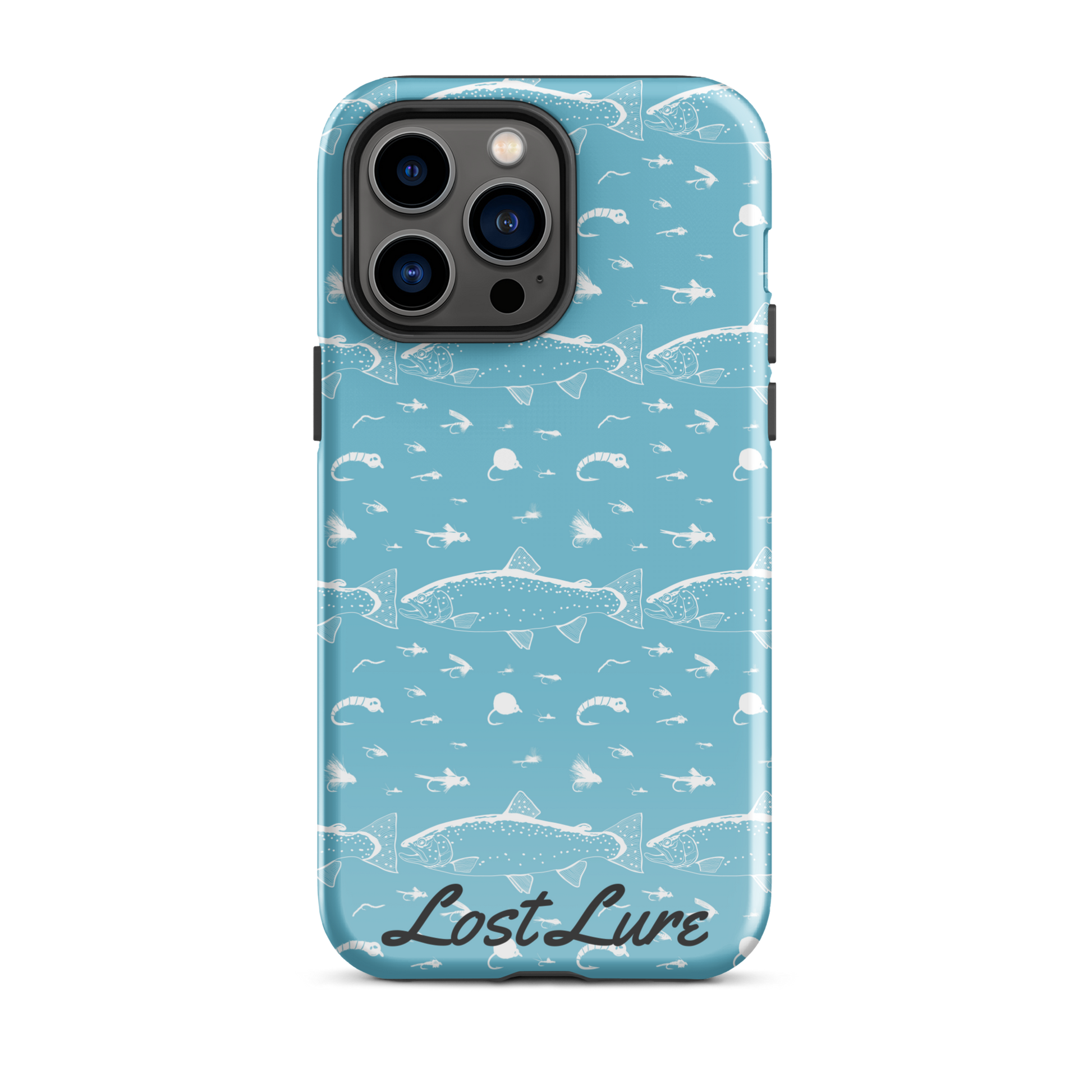 Blue iPhone 14 Pro Max Trout and Fly repeating pattern phone case.