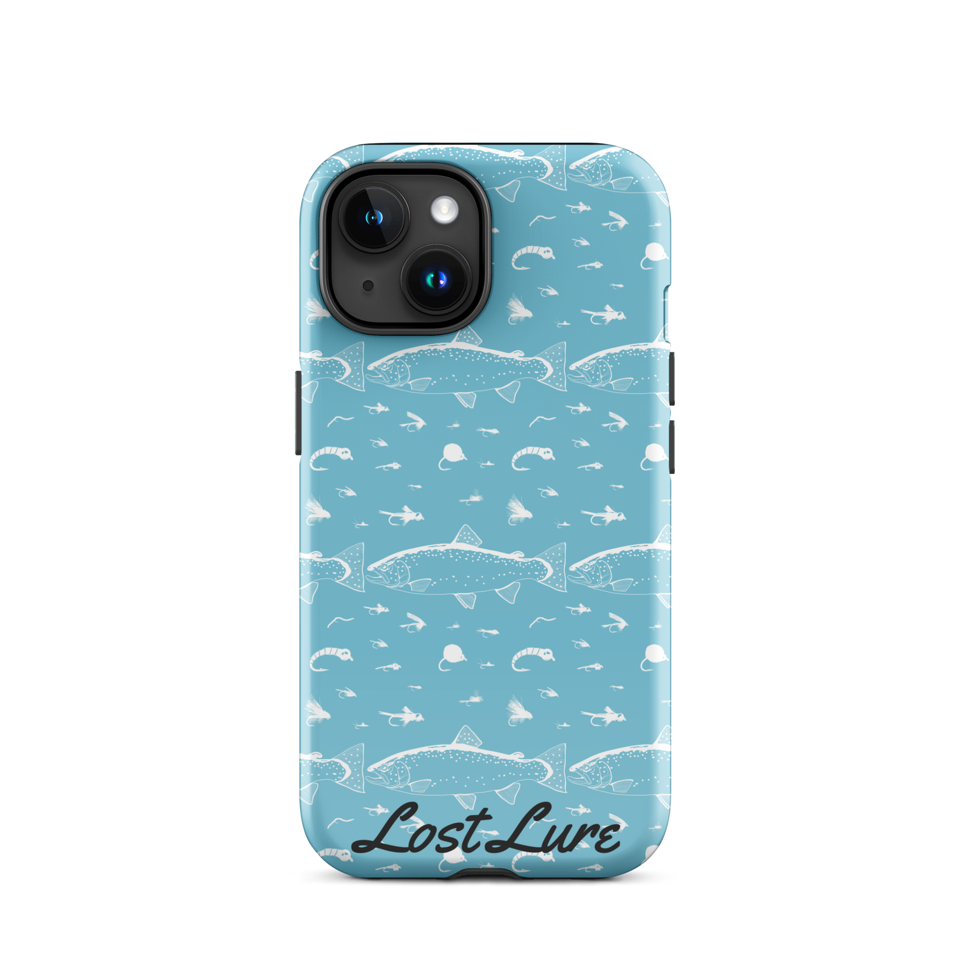 Blue iPhone 15 Trout and Fly repeating pattern phone case.