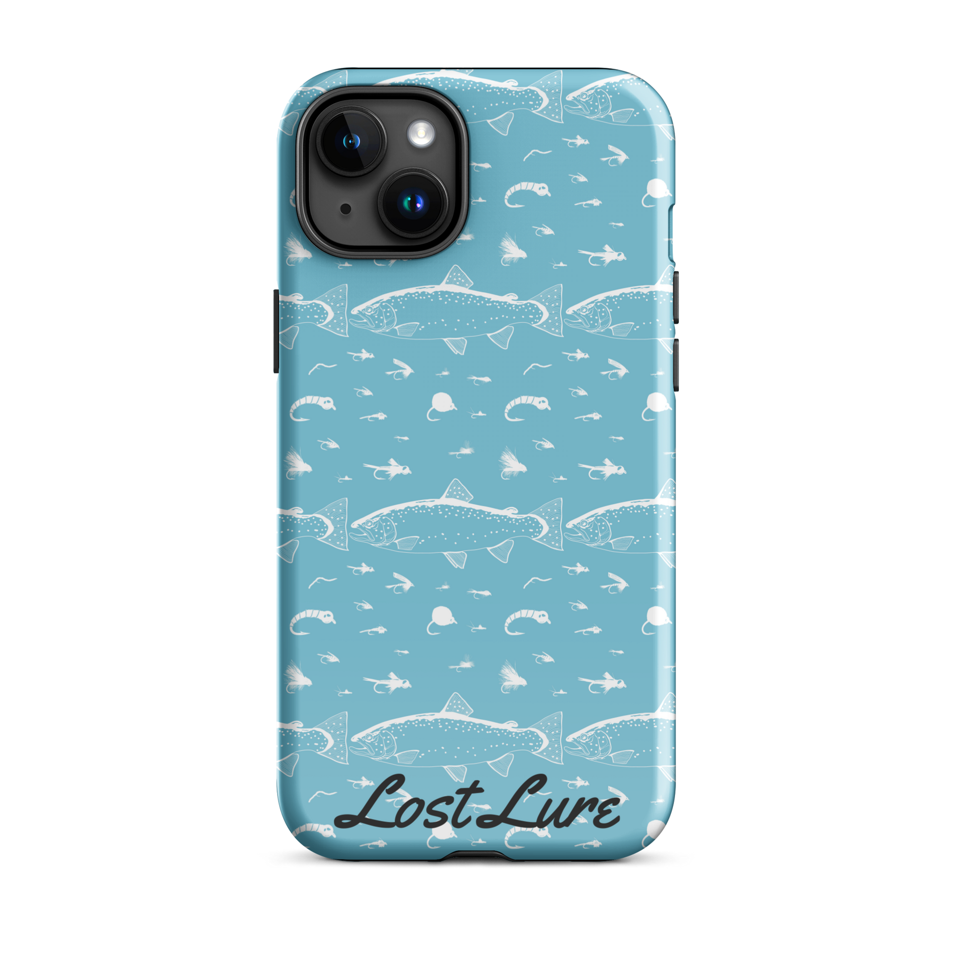 Blue iPhone 15 plus Trout and Fly repeating pattern phone case.