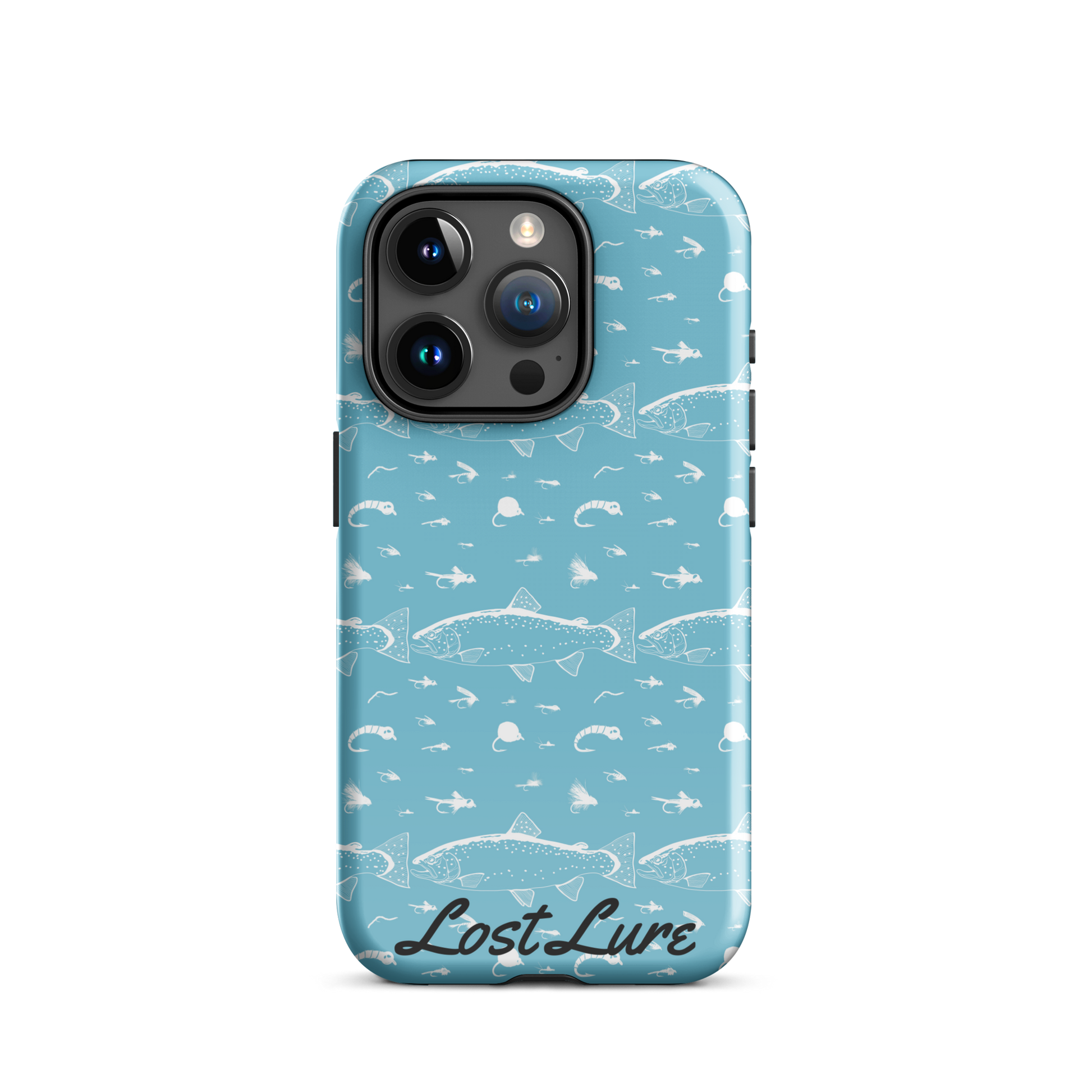 Blue iPhone pro Trout and Fly repeating pattern phone case.