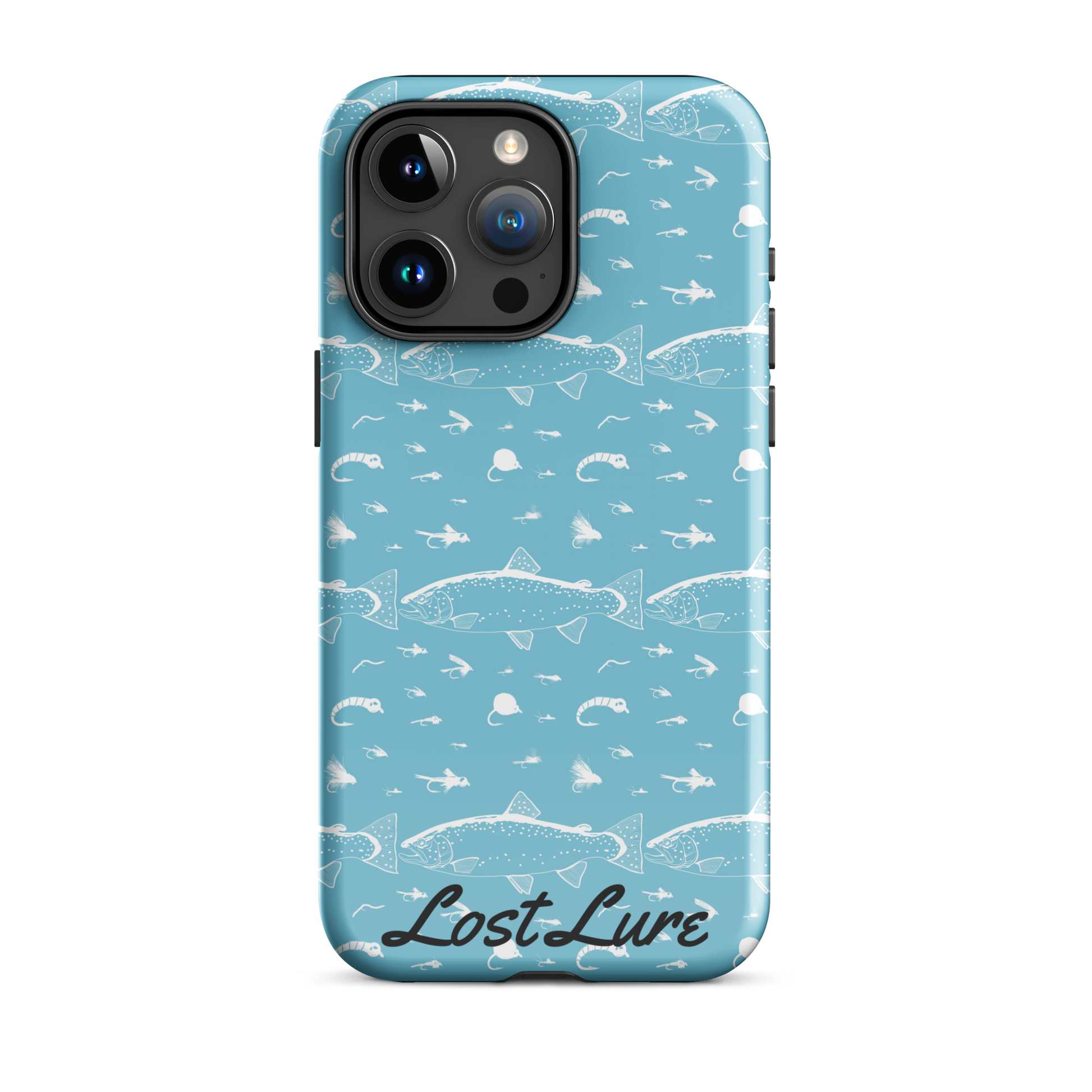 Blue iPhone 15 pro max Trout and Fly repeating pattern phone case.