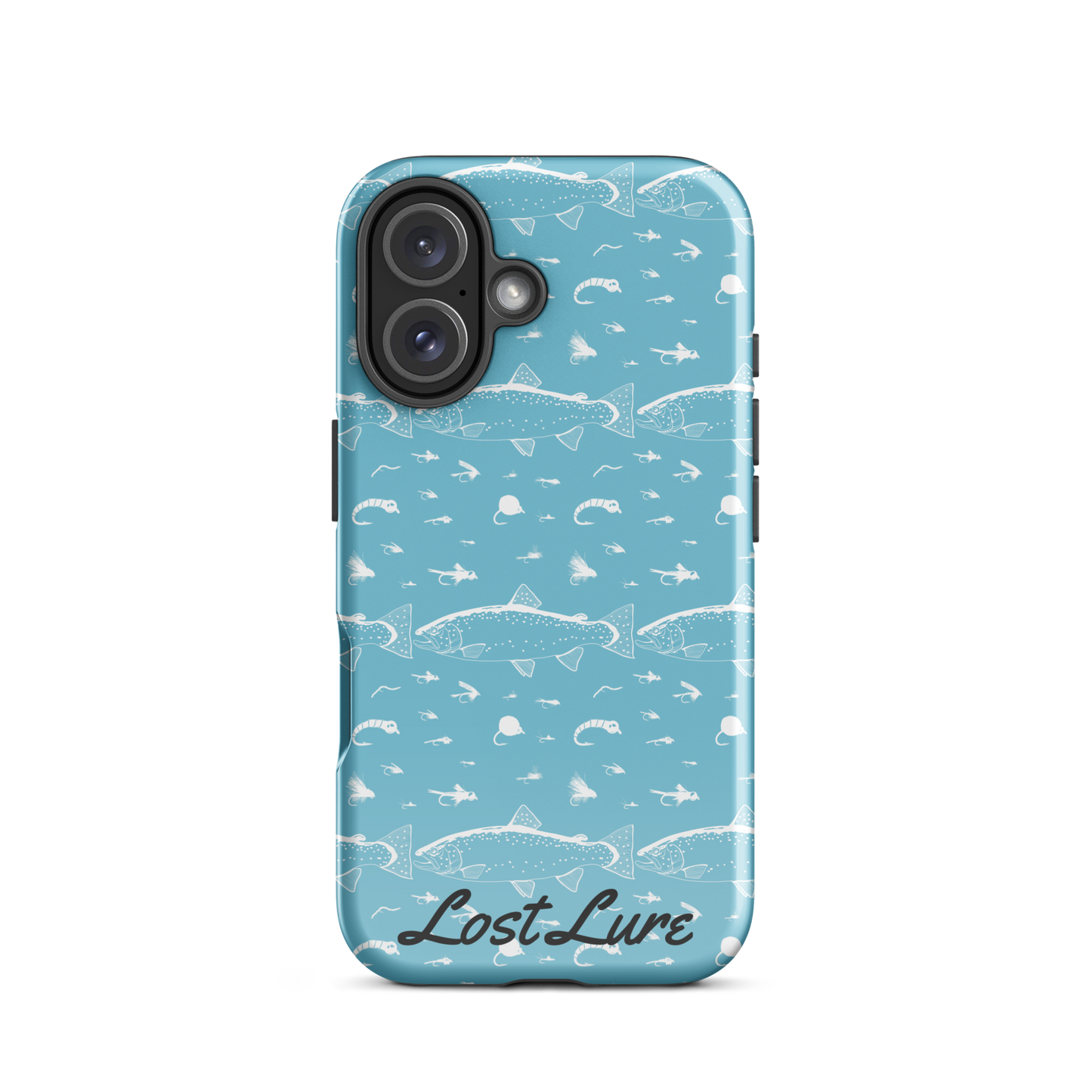 Blue iPhone 16 Trout and Fly repeating pattern phone case.