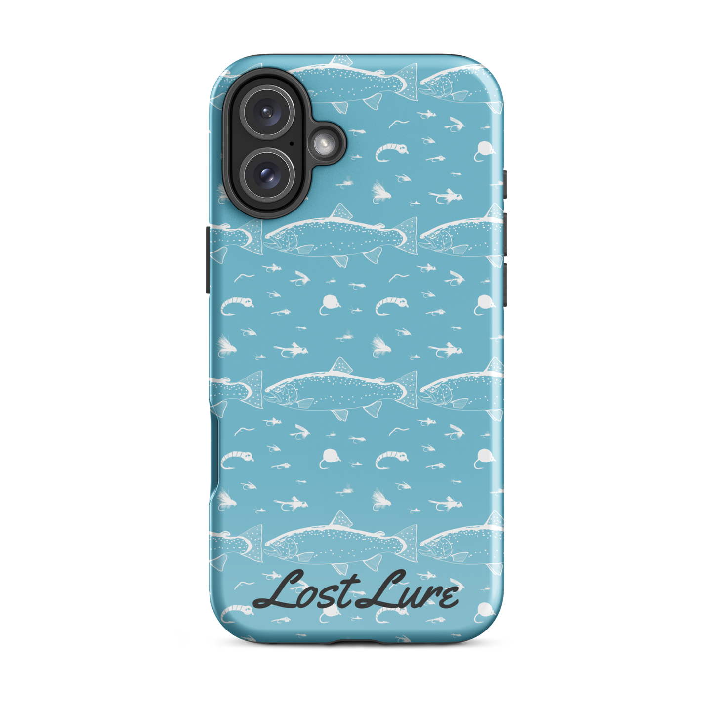 Blue iPhone 16 plus Trout and Fly repeating pattern phone case.