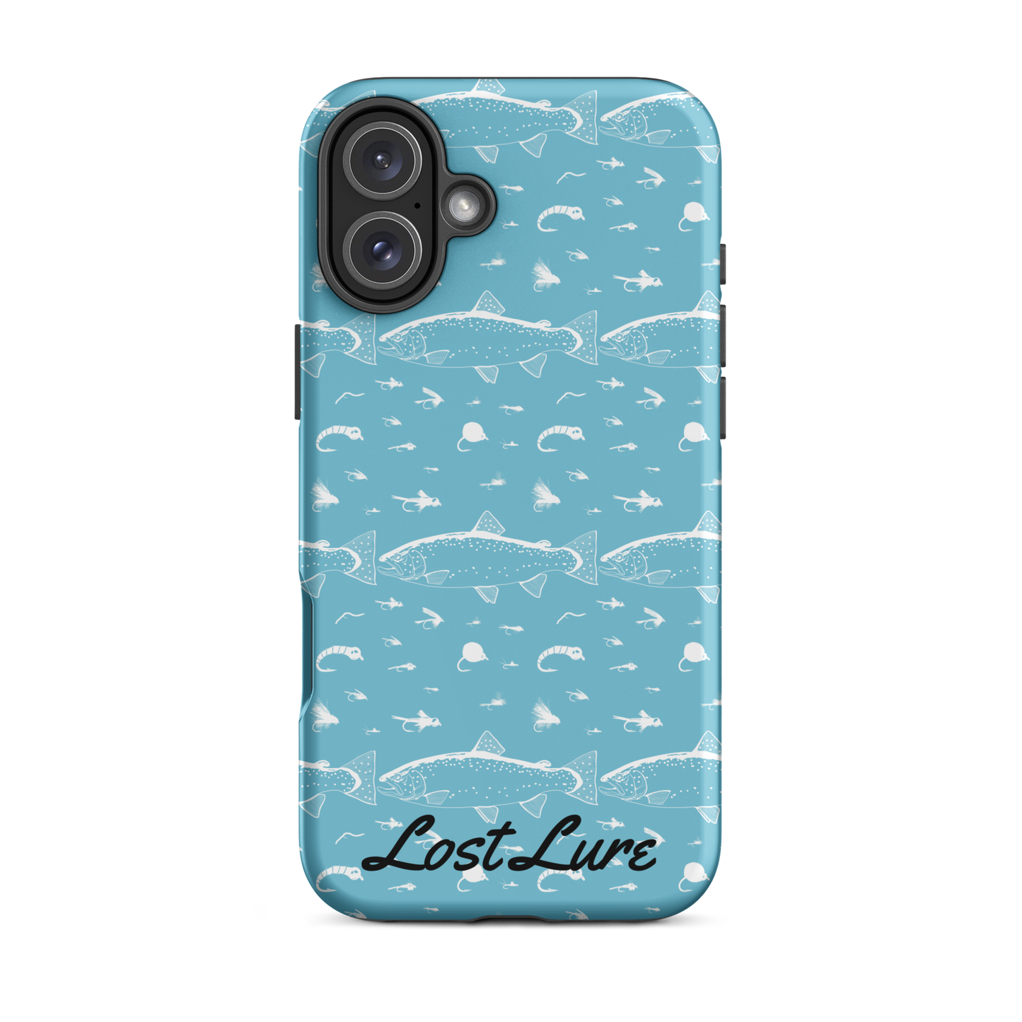 Blue iPhone 16 plus Trout and Fly repeating pattern phone case.