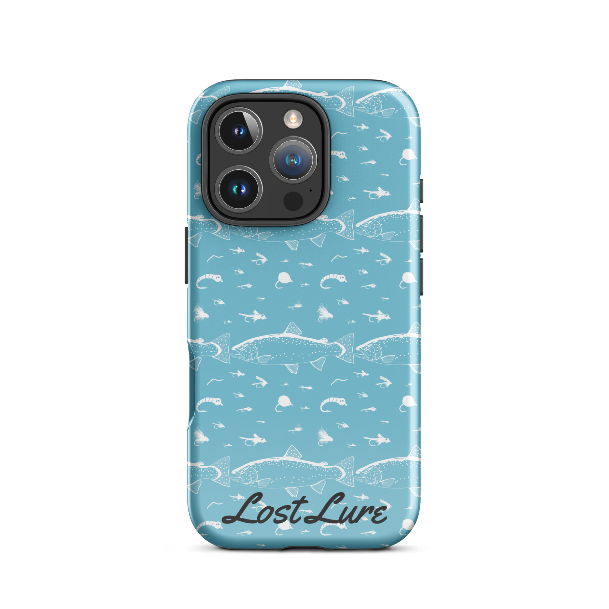 Blue iPhone 16 pro Trout and Fly repeating pattern phone case.