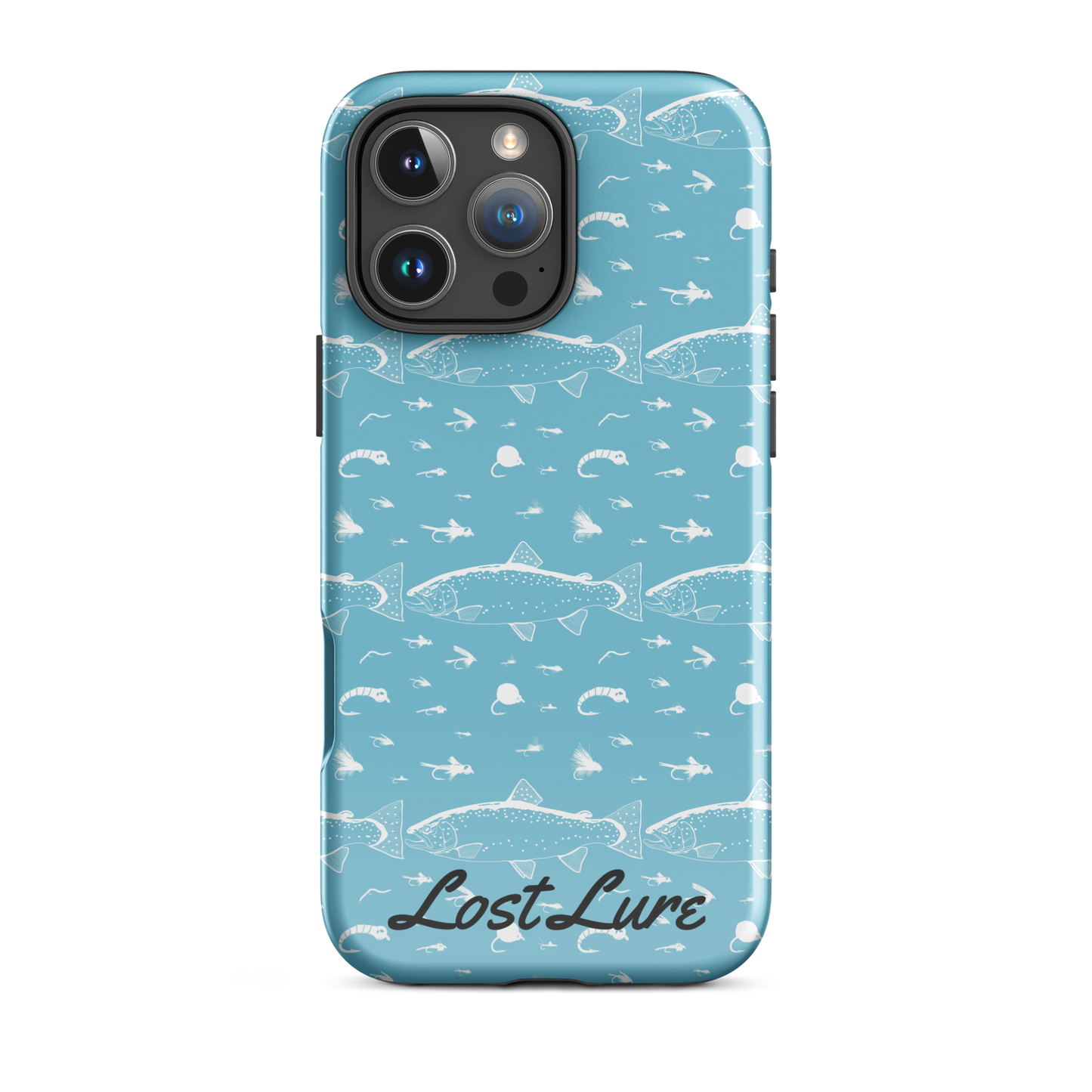 Blue iPhone 16 pro max Trout and Fly repeating pattern phone case.