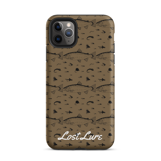 iPhone 11 Pro Max Trout and Fly repeating pattern phone case.