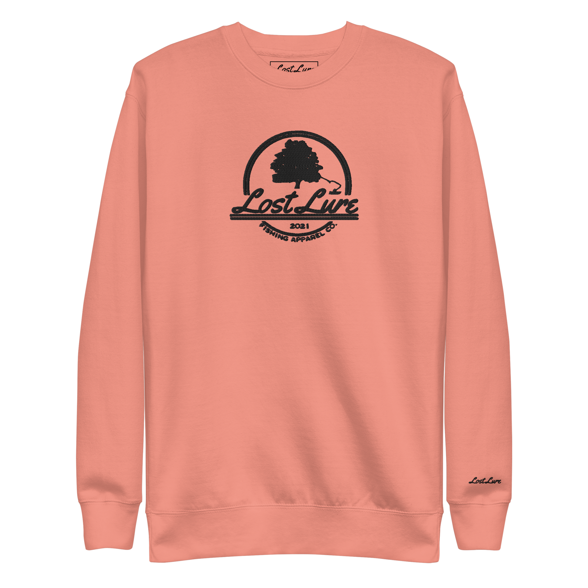 Embroidered pink Lost Lure fishing sweatshirt with logo.