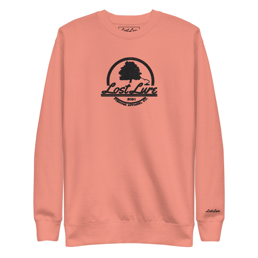 Embroidered pink Lost Lure fishing sweatshirt with logo.