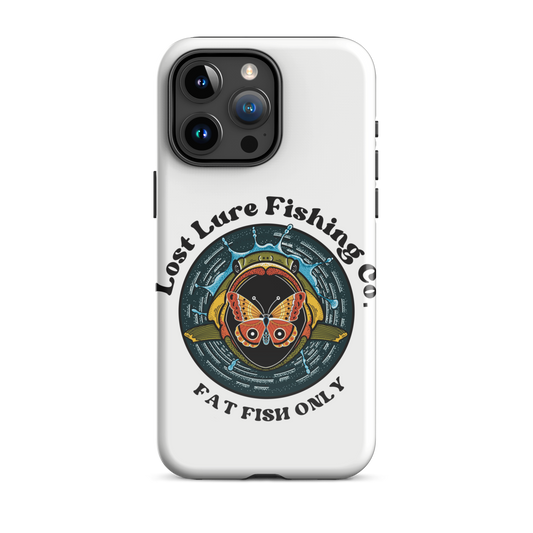 White iPhone 15 pro max case with image of a largemouth bass jumping towards a butterfly. It reads “fat fish only”