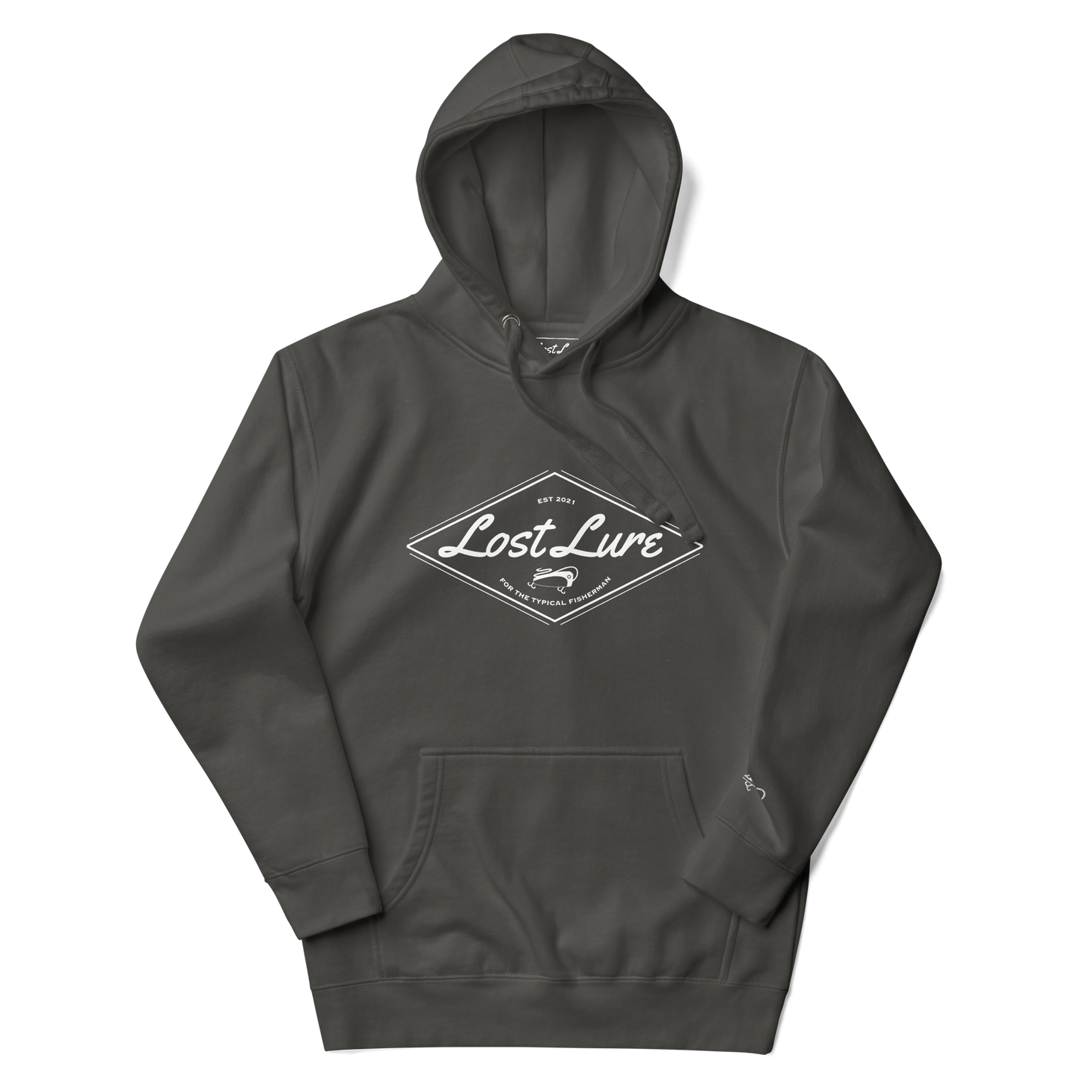 Dark gray Lost Lure hoodie with white fishing logo in the center.