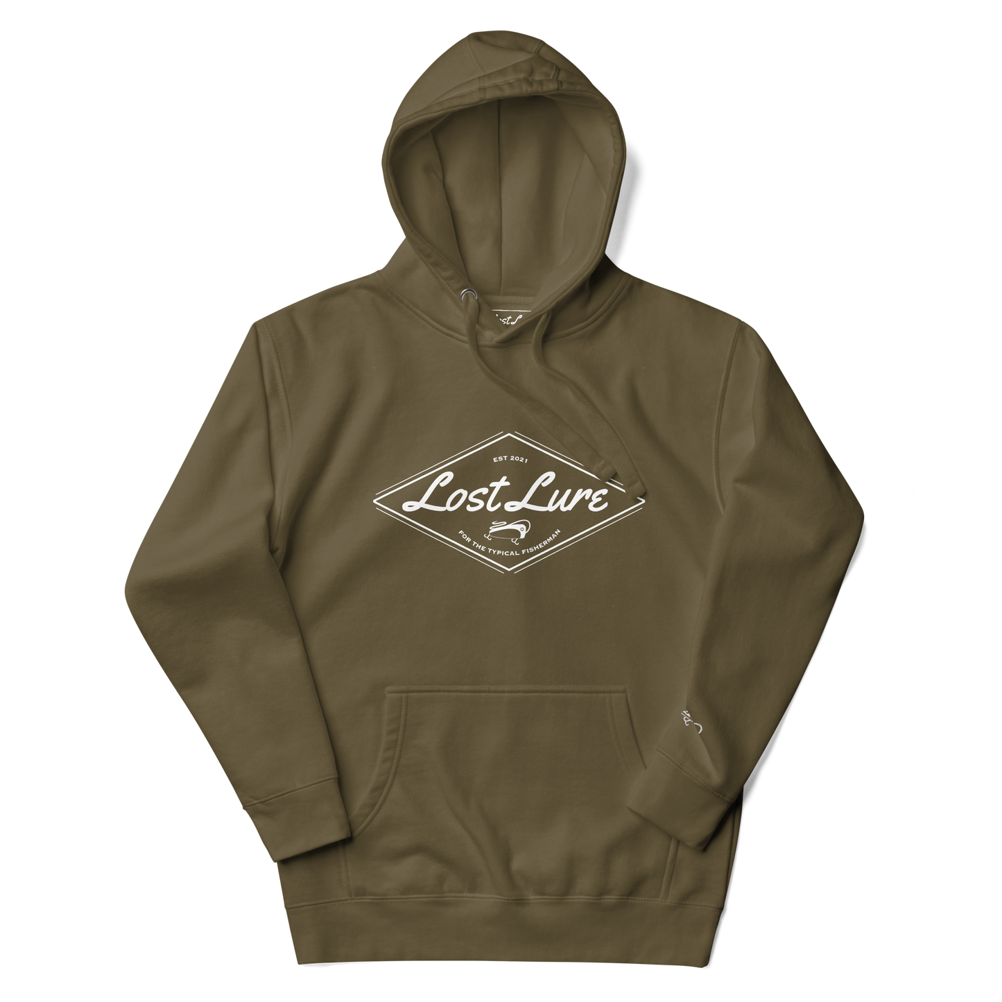 Green Lost Lure hoodie with white fishing logo in the center.