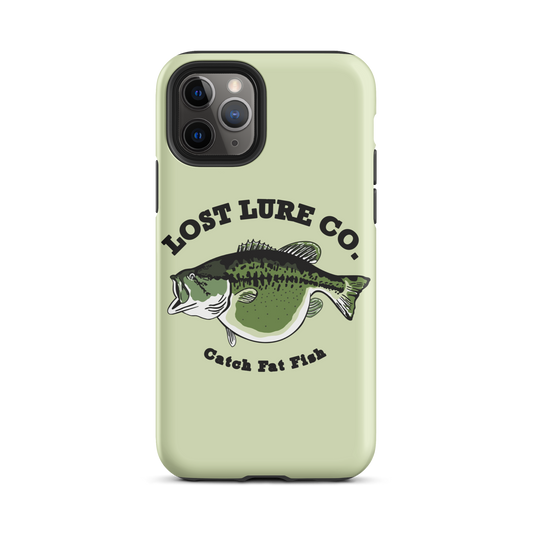 Lime green fishing iPhone 11 Pro case with image of a largemouth bass with a big belly. It says “catch fat fish” 