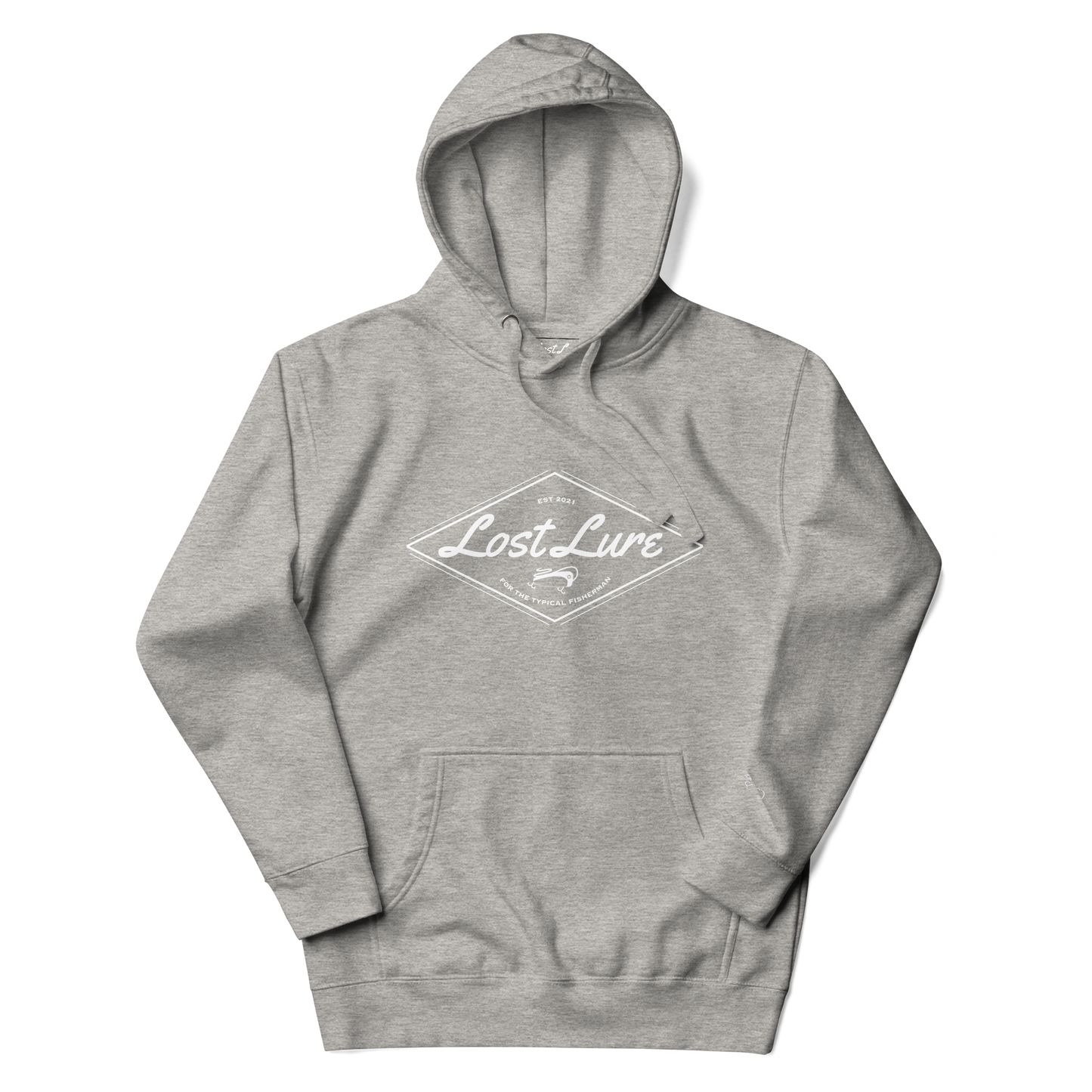 Light Gray Lost Lure hoodie with white fishing logo in the center.