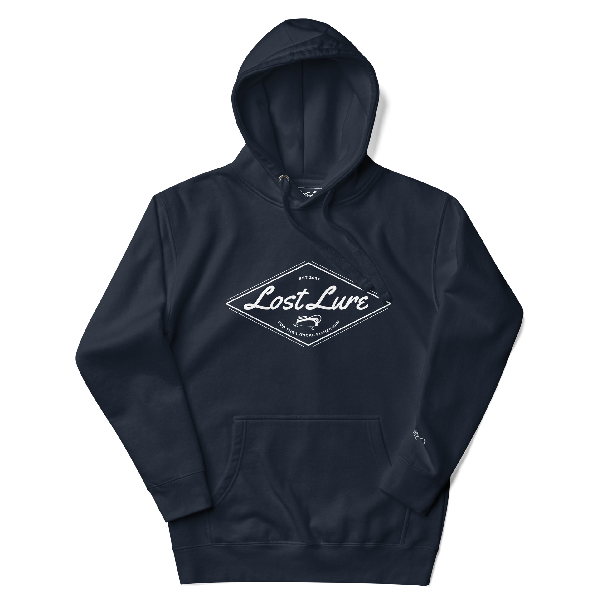 Blue Lost Lure hoodie with white fishing logo in the center.