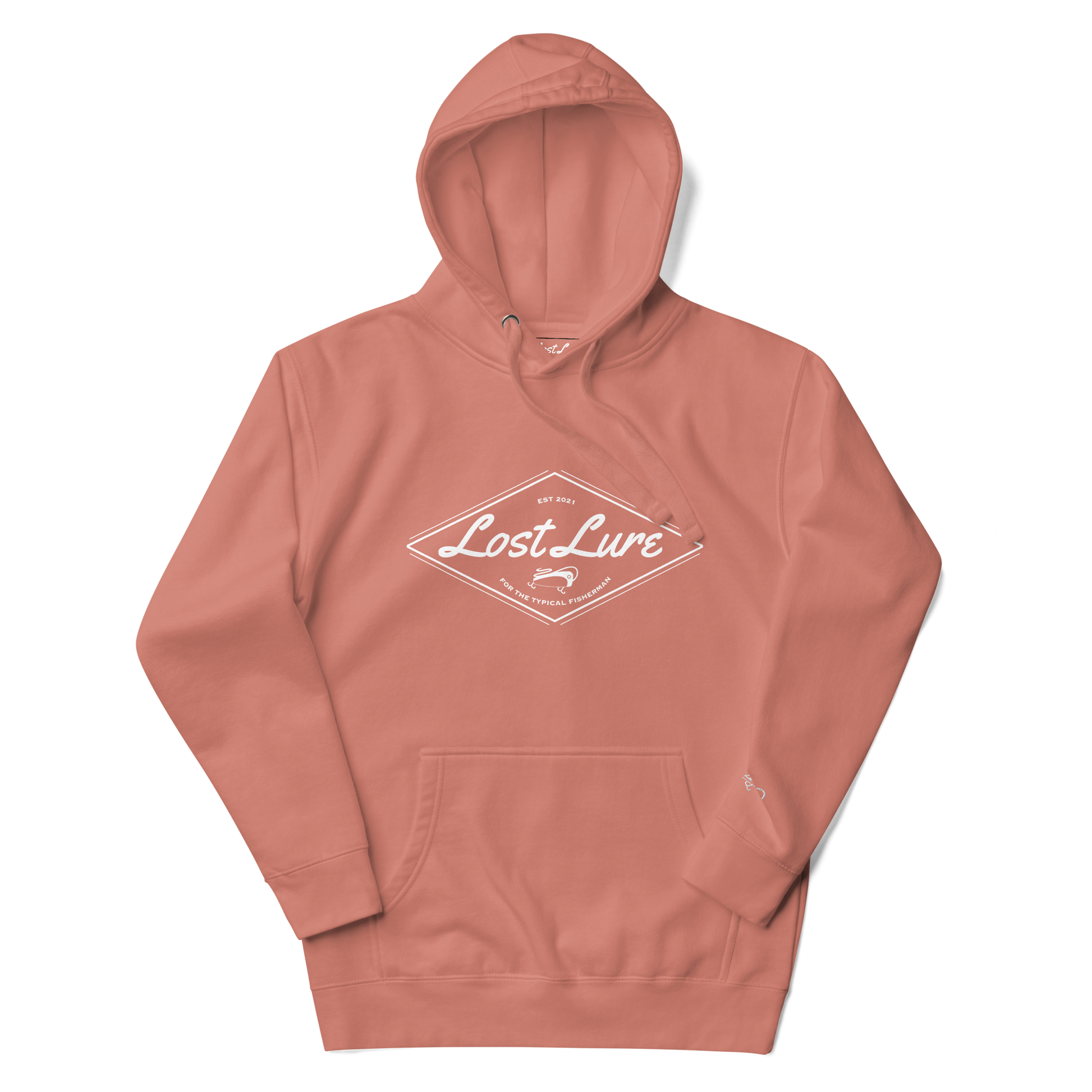 Pink Lost Lure hoodie with white fishing logo in the center.