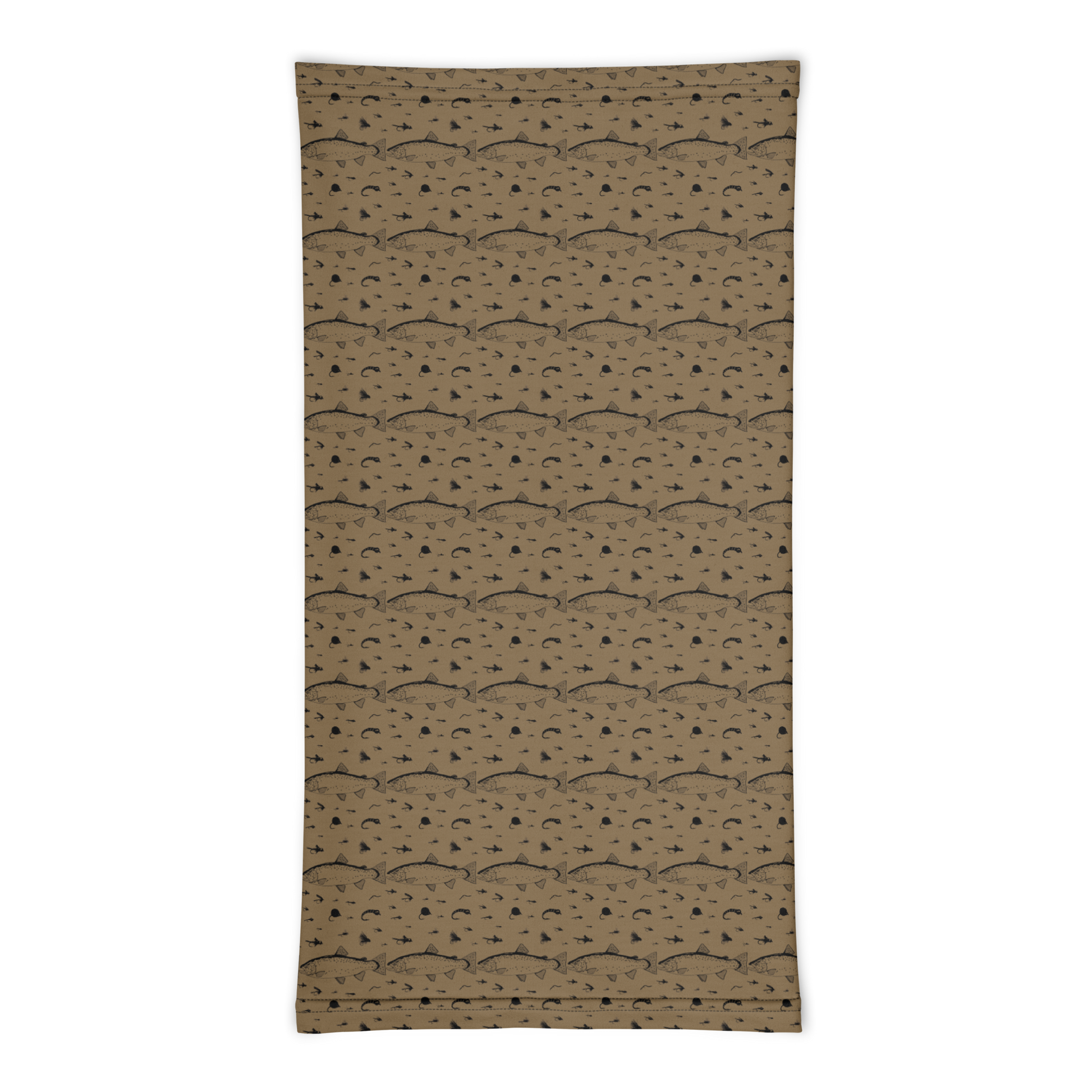 Brown fishing neck gaiter with trout and fly pattern.