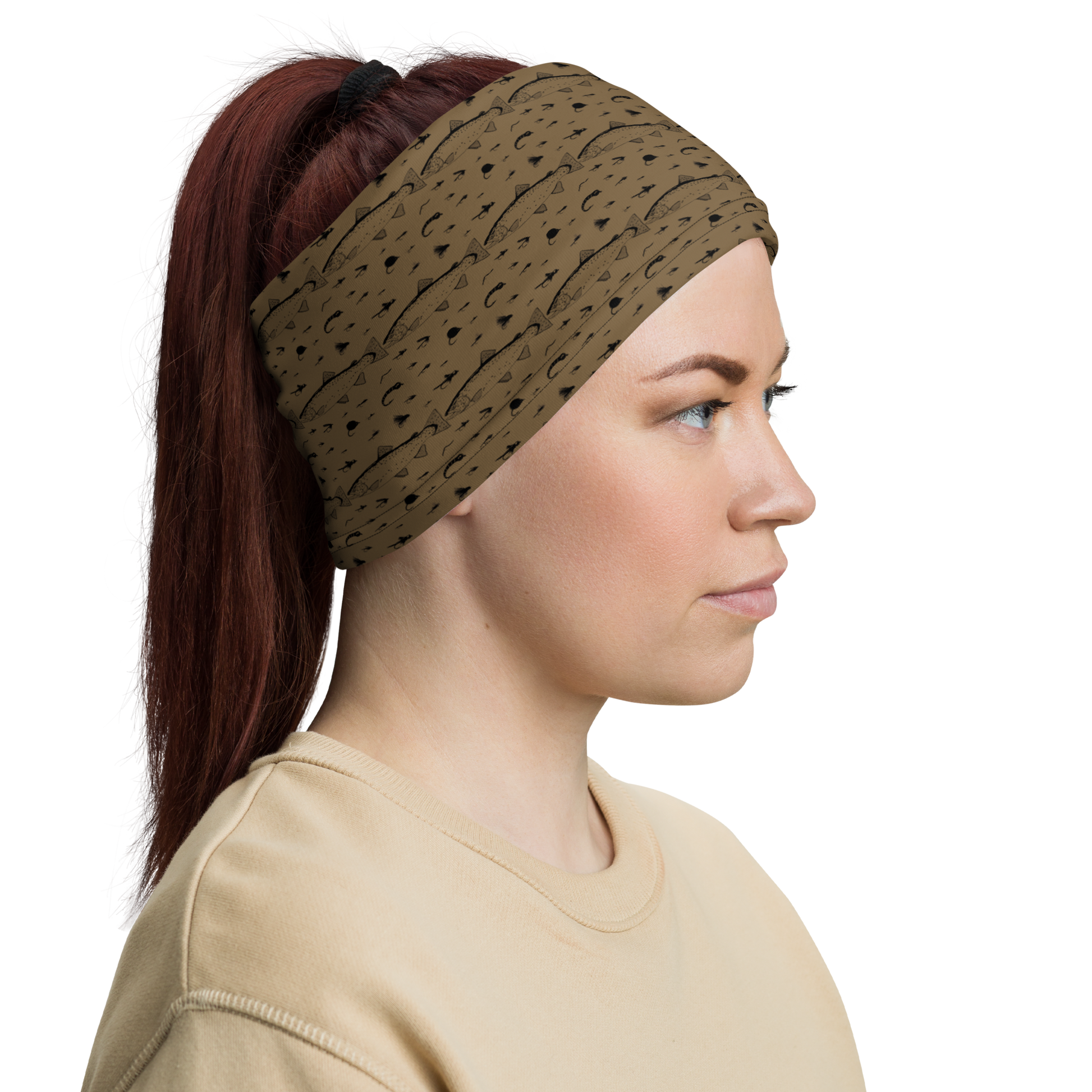 Woman wearing Brown fishing neck gaiter with trout and fly pattern.
