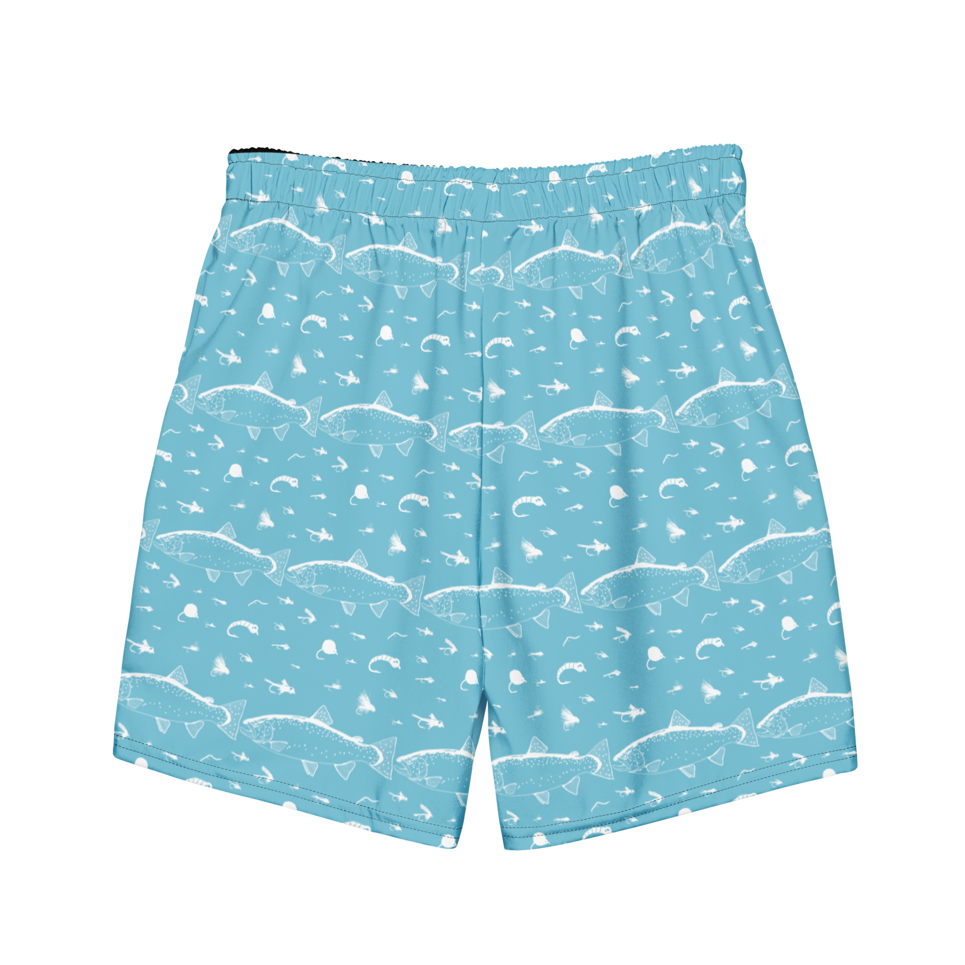 Blue fly fishing shorts / swim trunks. They have a pattern with trout and flies. Back side of fishing shorts 
