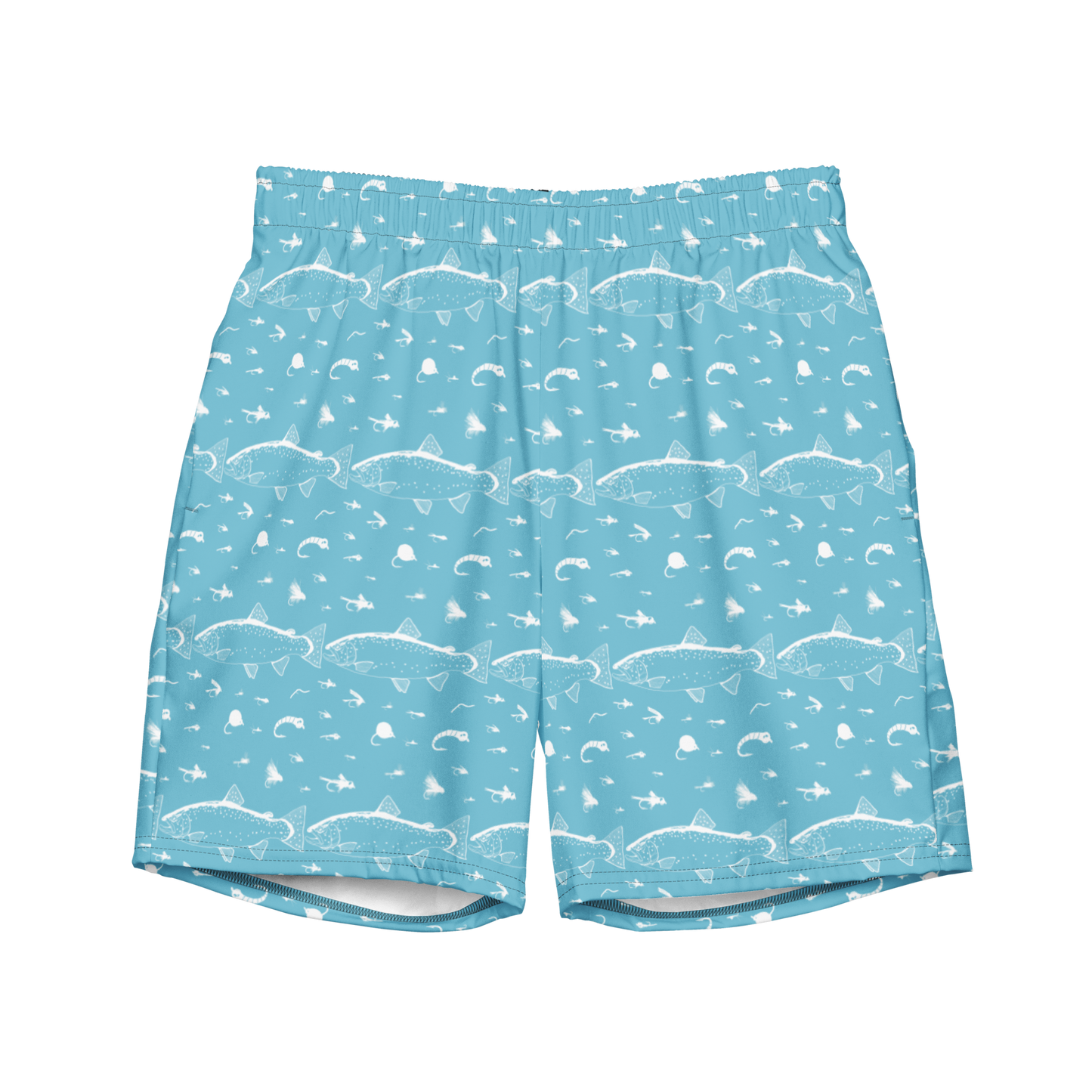 Blue fly fishing shorts / swim trunks. They have a pattern with trout and flies. Front side 