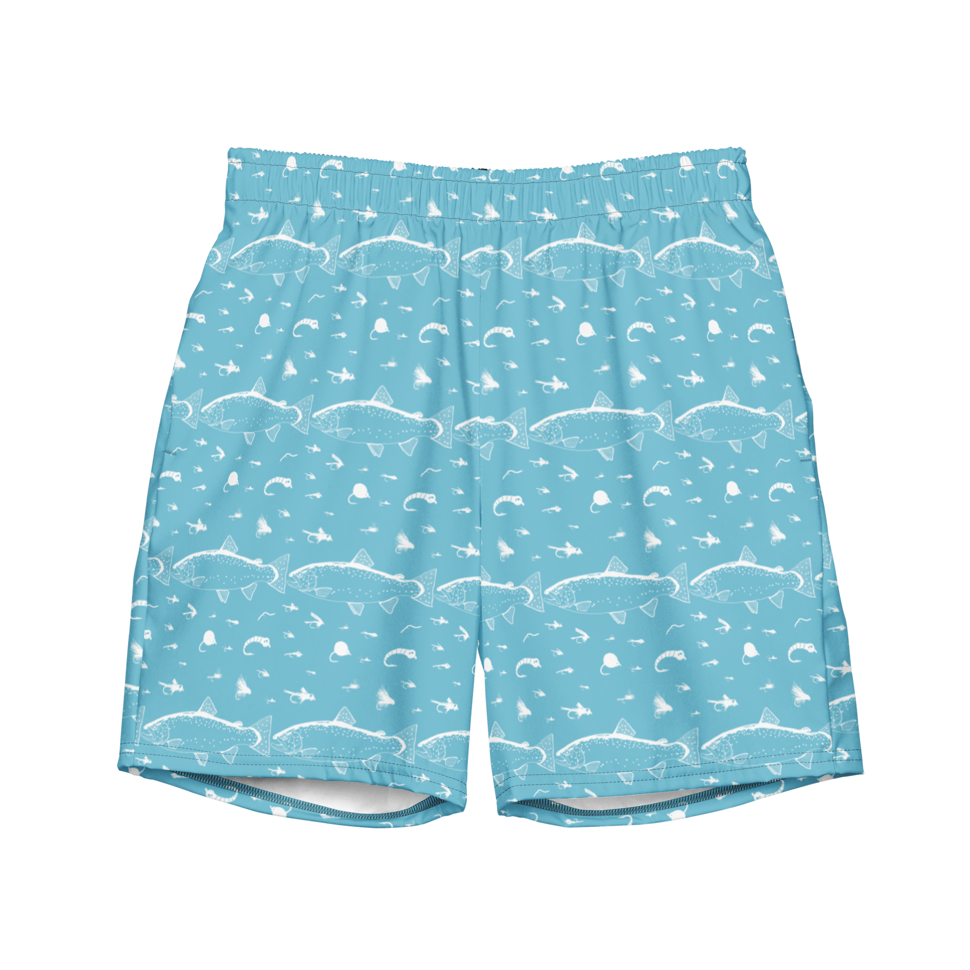 Blue fly fishing shorts / swim trunks. They have a pattern with trout and flies. Front side 