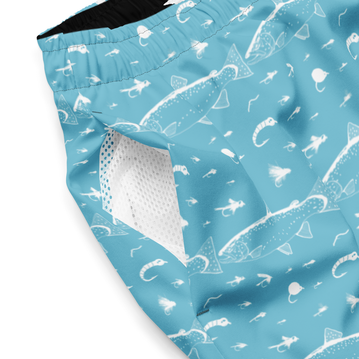 Blue fly fishing shorts / swim trunks. They have a pattern with trout and flies. Pocket view 