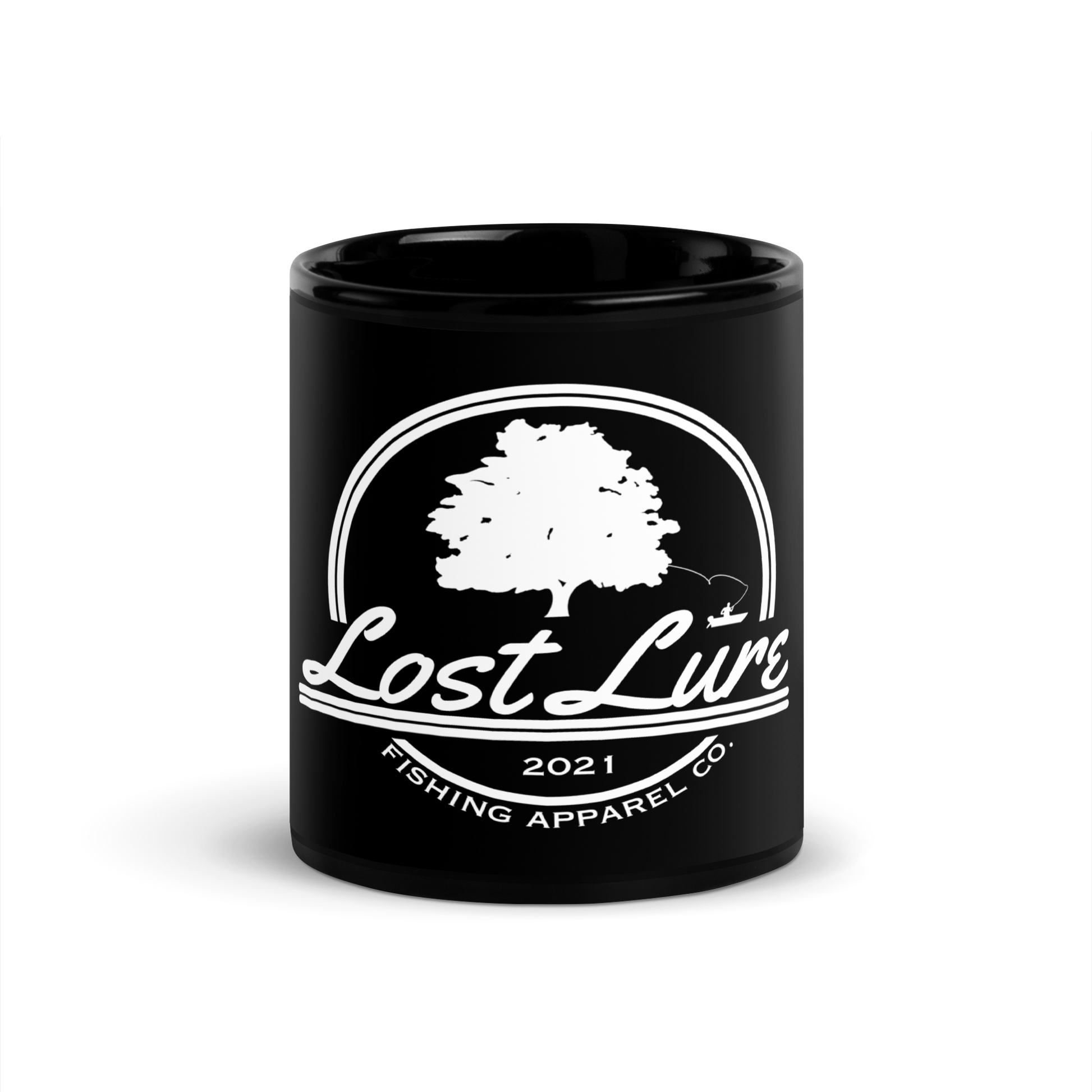 Black fishing coffee mug with white Lost Lure logo on the side. Front view