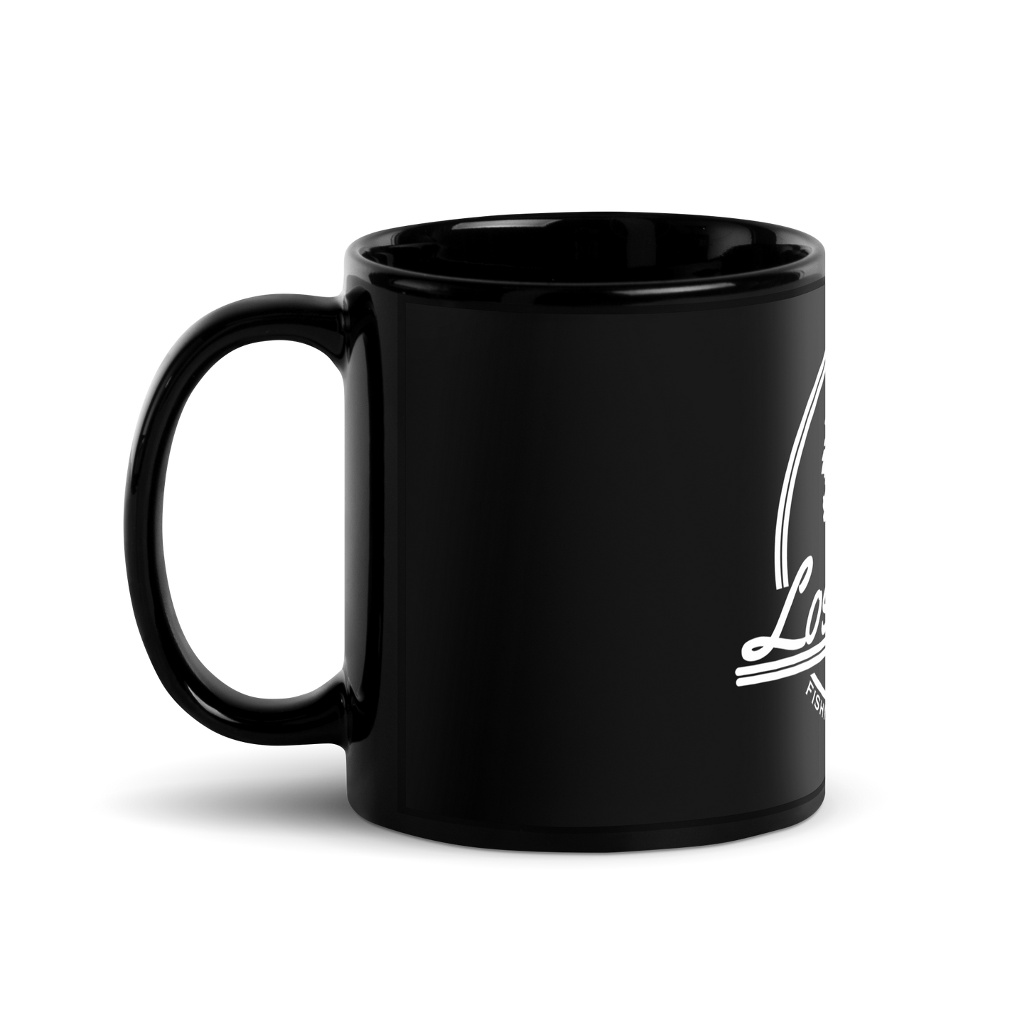 Black fishing coffee mug with white Lost Lure logo on the side. Ride back side view