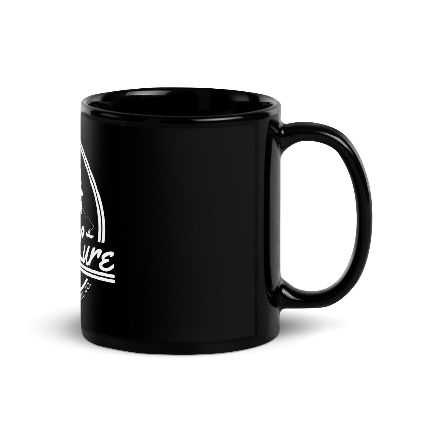 Black fishing coffee mug with white Lost Lure logo on the side.Left  Side view
